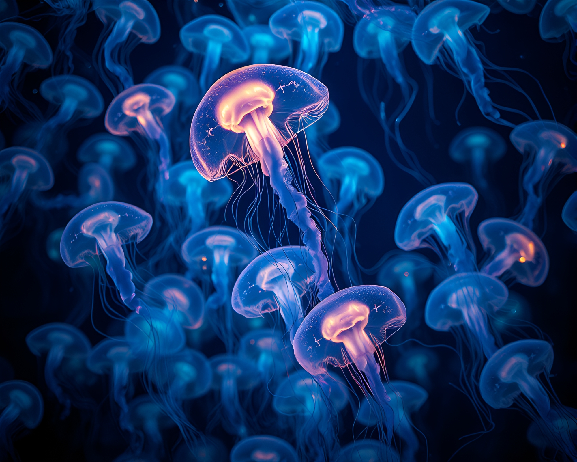Bioluminescent Jellyfish Swarm Illuminated in Stained Glass – free AI stock image