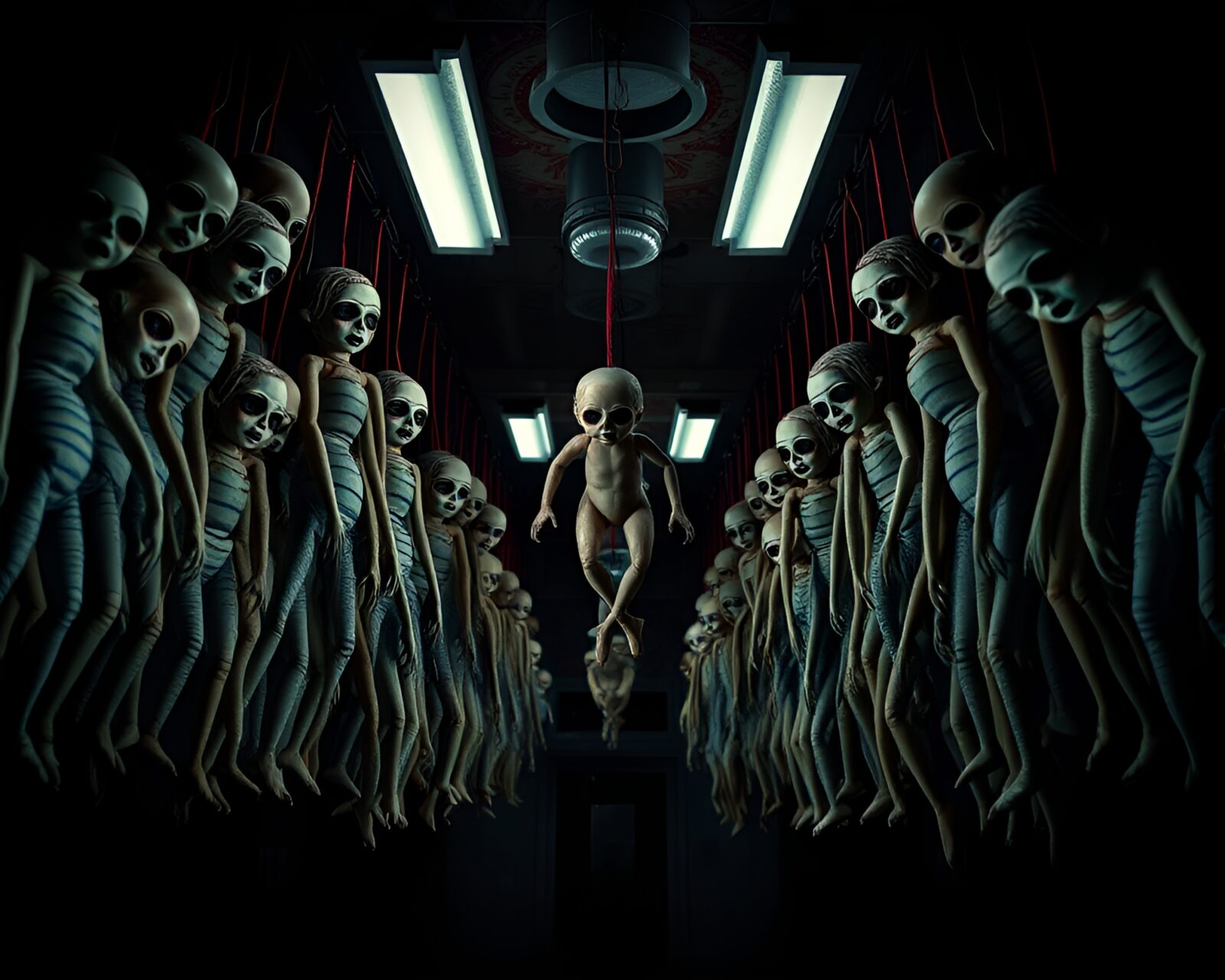 Dark workshop with modern dolls hanging, creating creepy scene