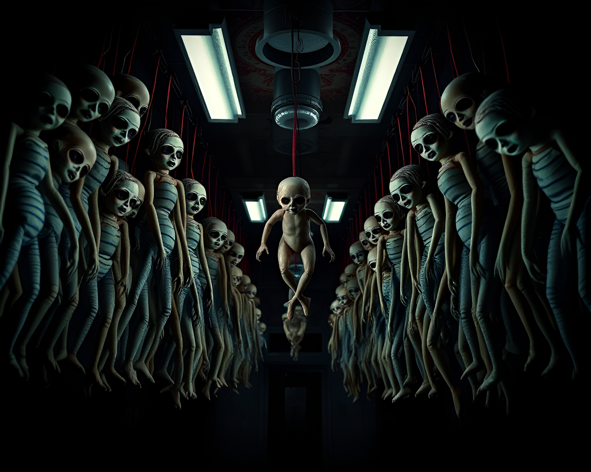 Eerie Modern Art Doll Workshop with Suspended Figures – free AI stock image