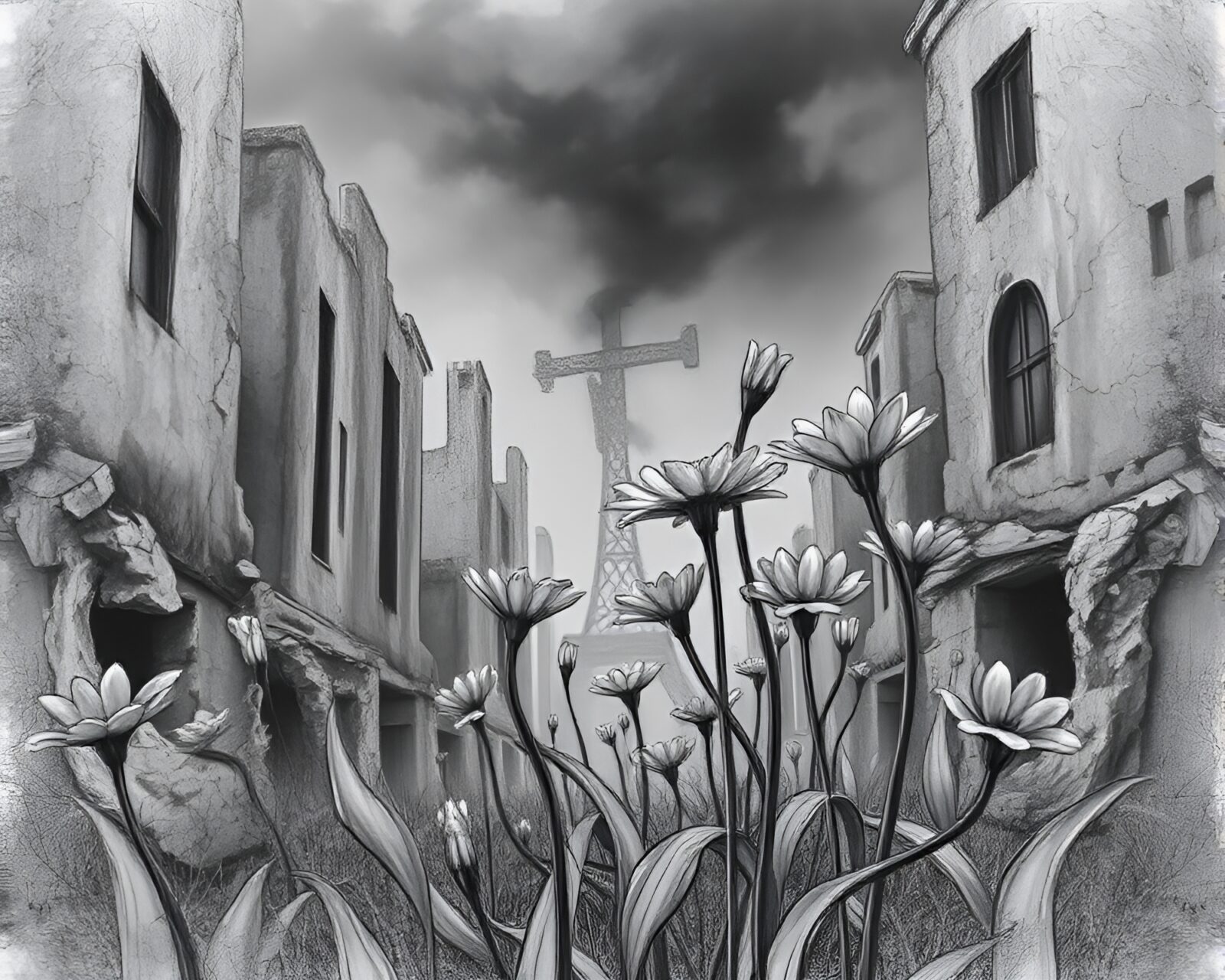 Haunting charcoal sketch of lifeless metallic flowers in dystopian garden