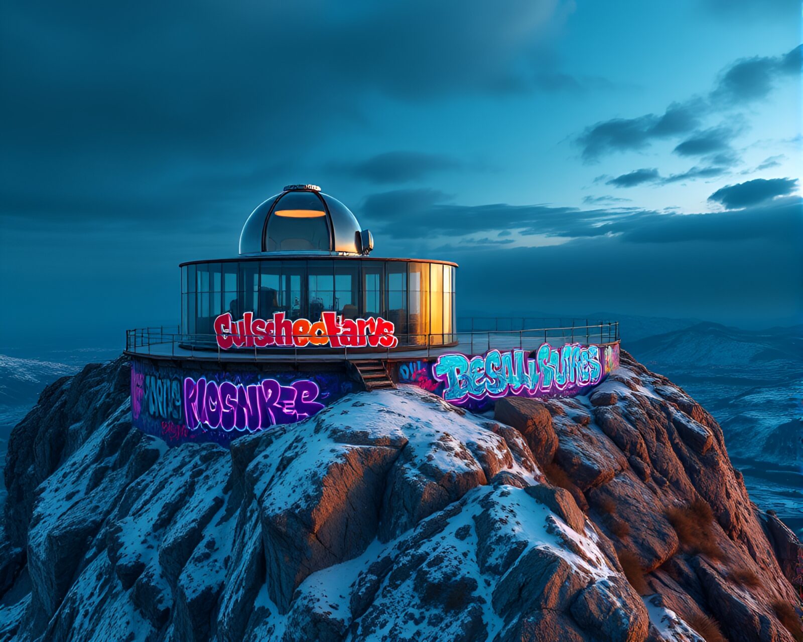 A glass observatory covered in neon graffiti art on cliff