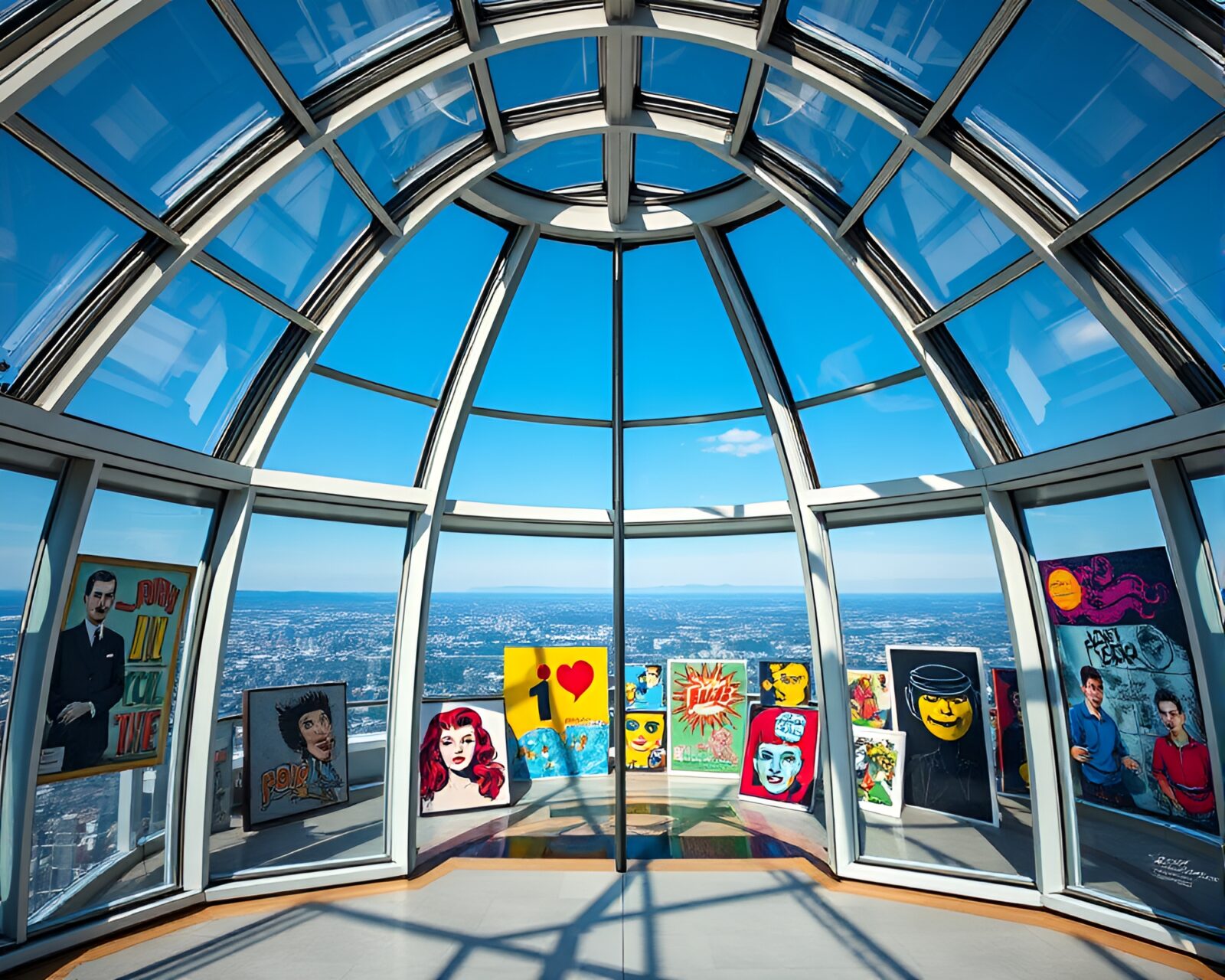 Glass-walled observatory showcasing bold Pop Art creating striking contrast