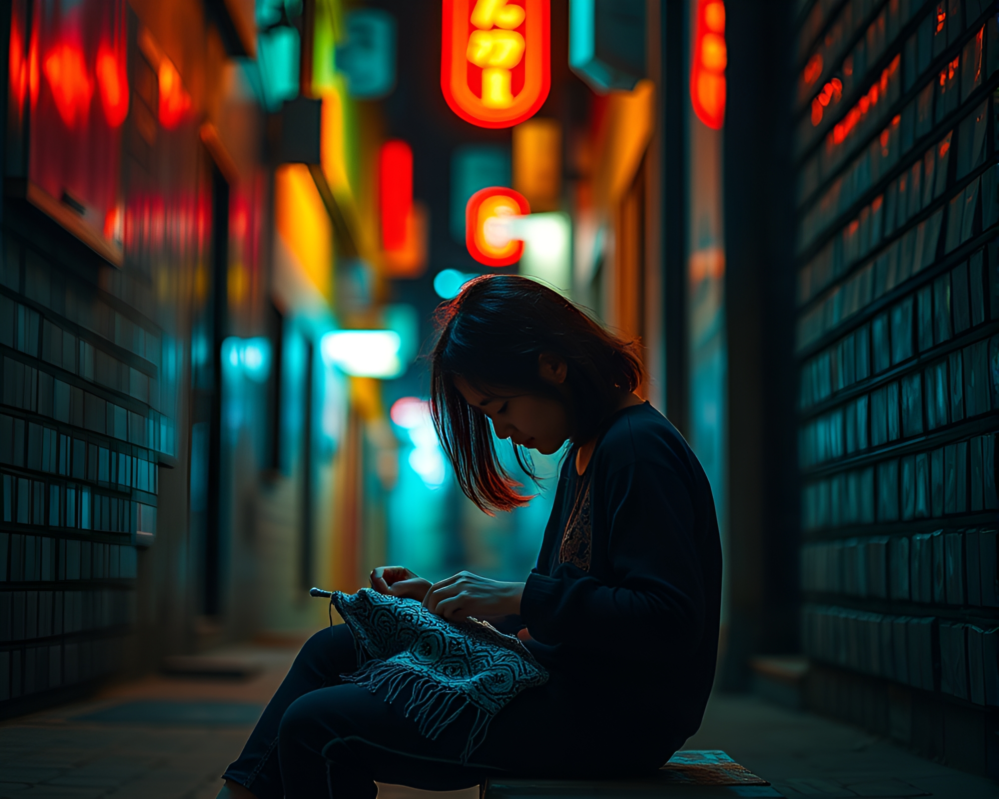 Neon-lit Alleyway Scene with Contemplative Artisan – free AI stock image