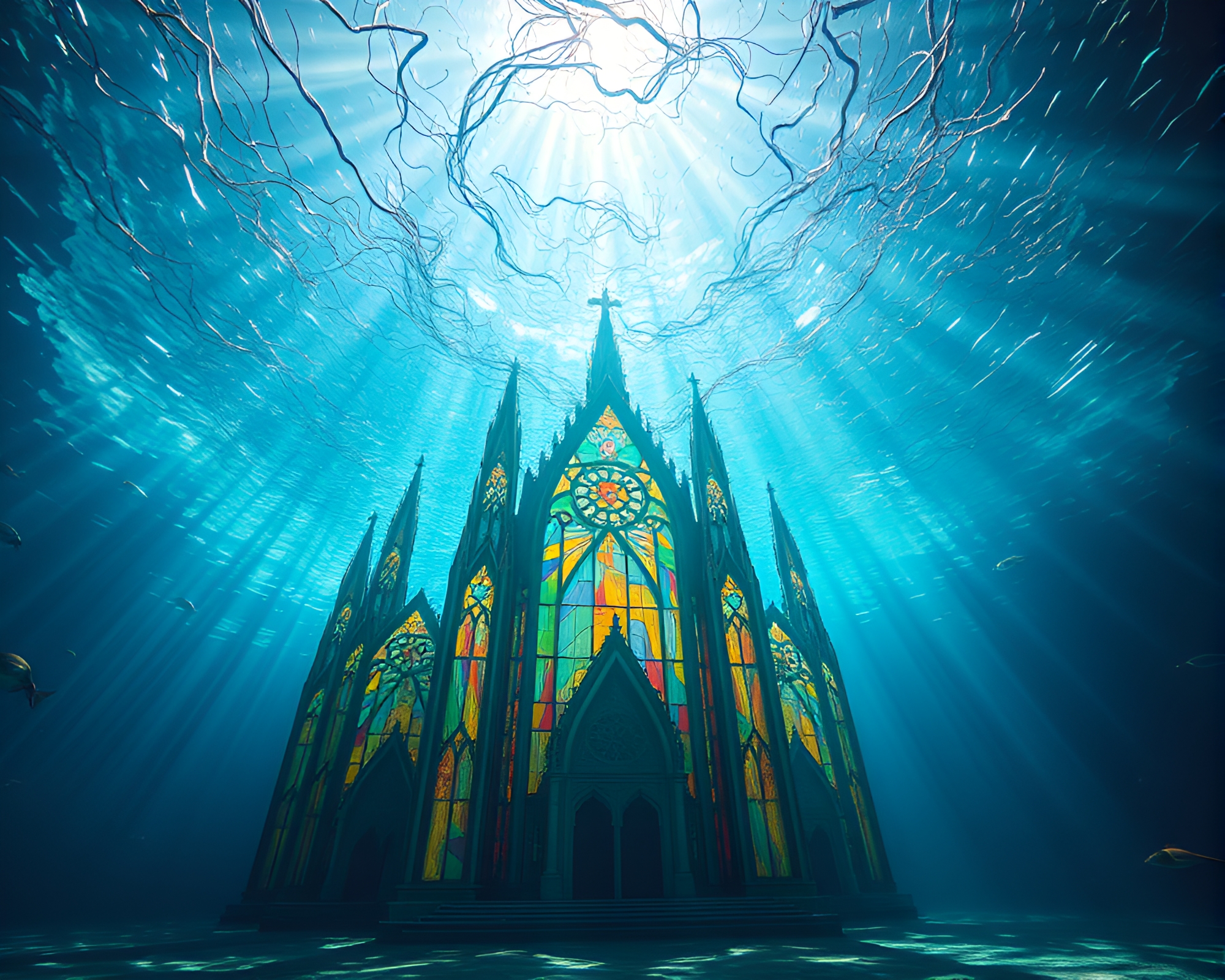 Kinetic Stained Glass Underwater Cathedral Bathed in Sunlight – free AI stock image