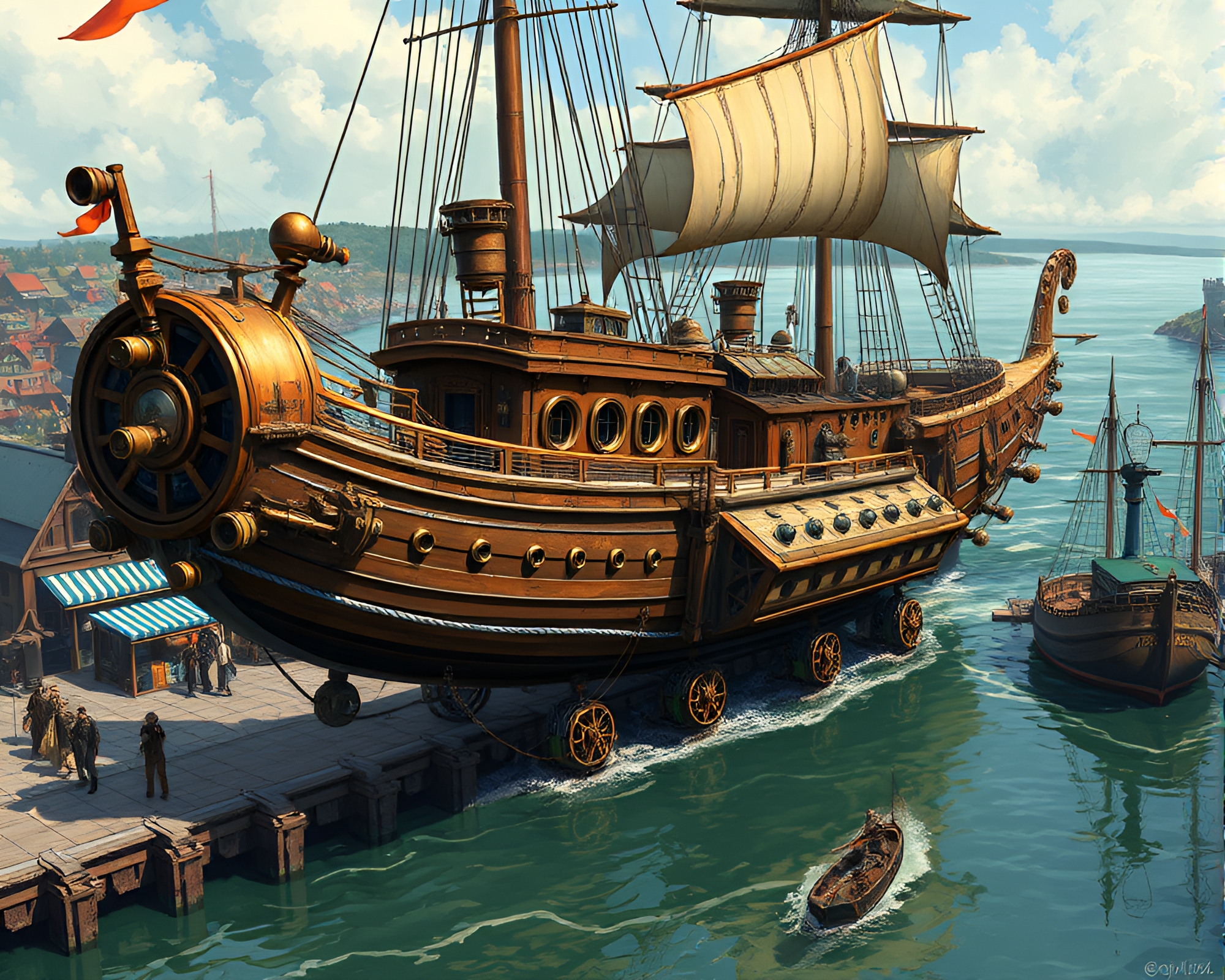Steampunk Airship Docked at Bustling Port with Daring Pilot – free AI stock image