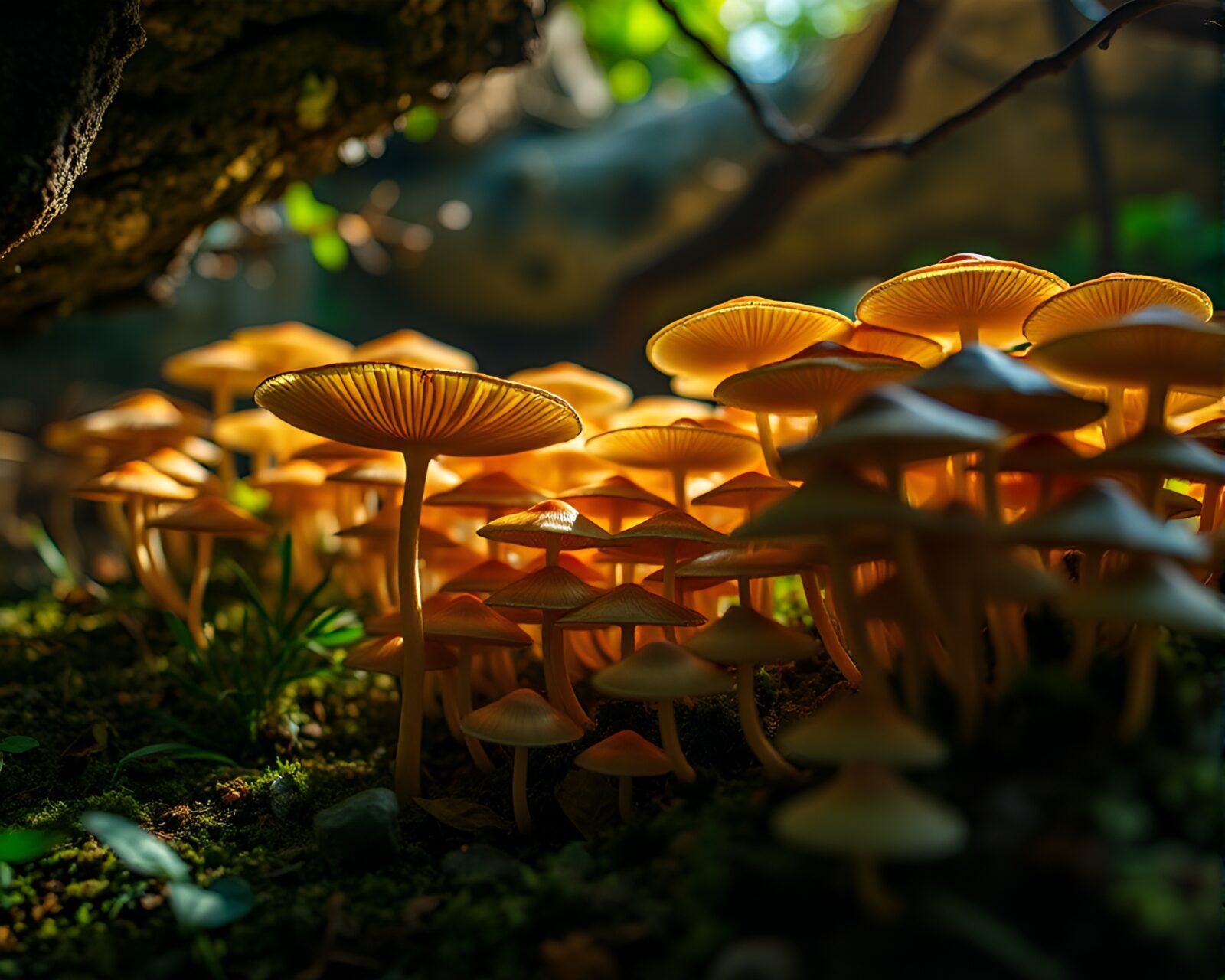 Beautiful macro image of light filtering through mushroom forest
