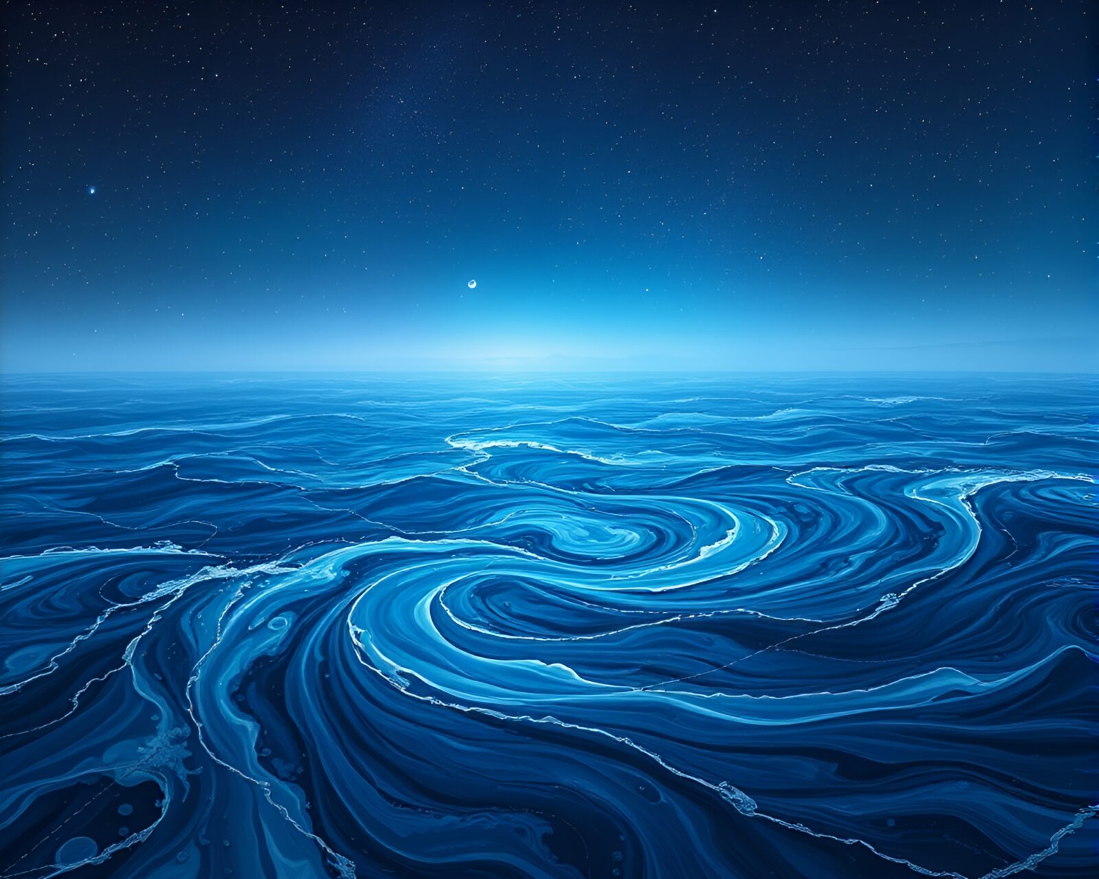 Surreal swirling ink ocean under starlit sky landscape