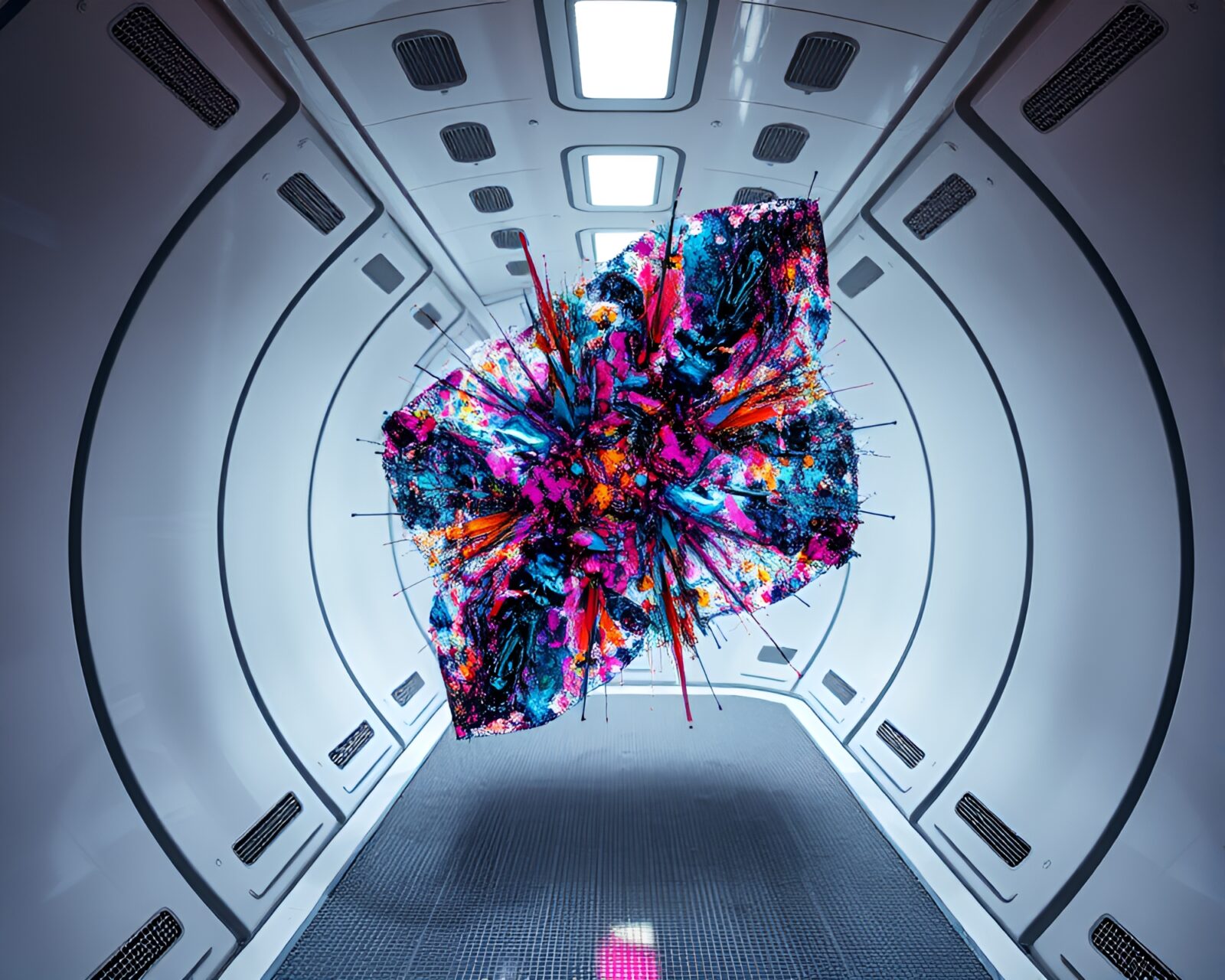 Frenetic modern art piece floating in zero-gravity chamber