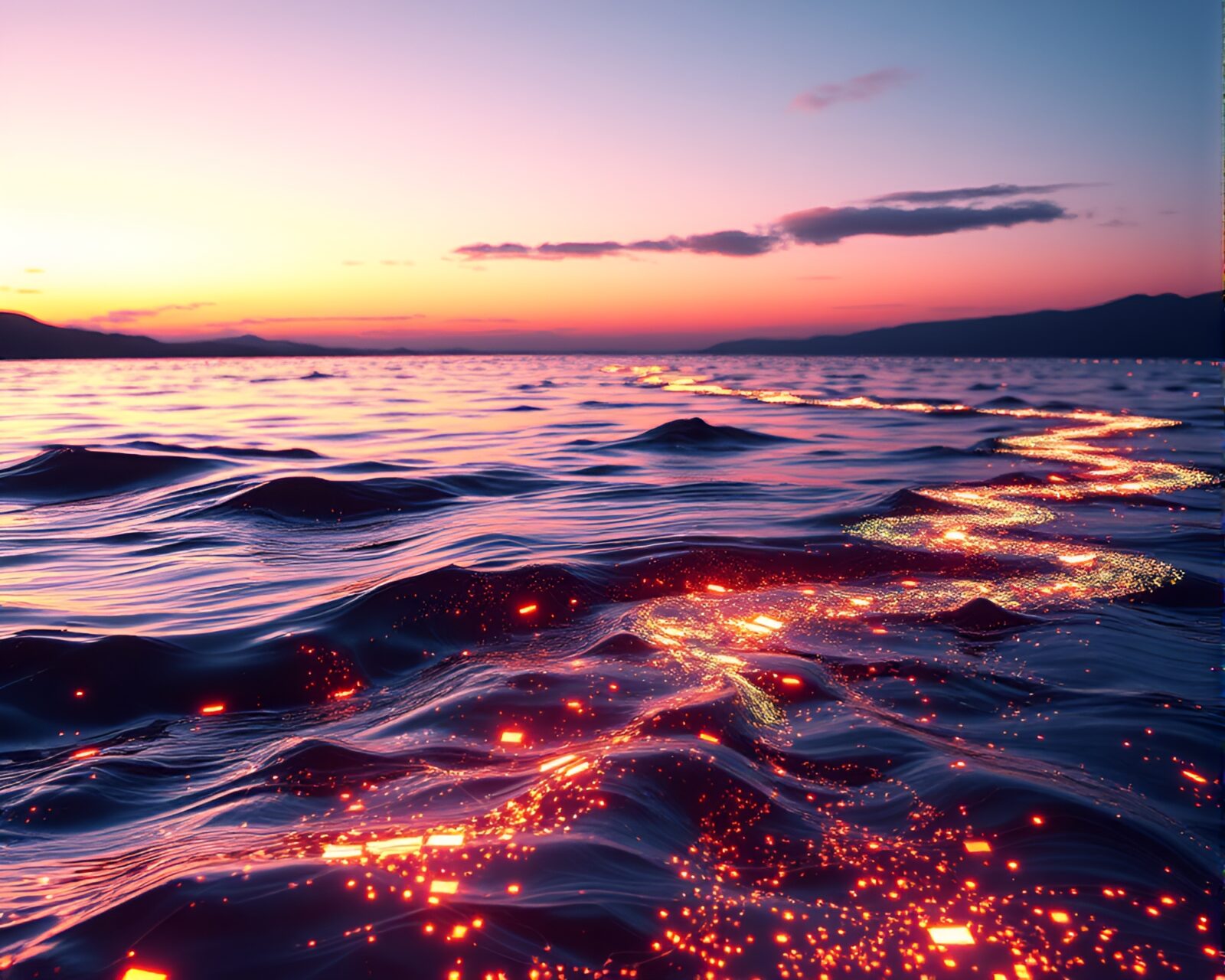 Pixelated river of liquid mercury under twilight sky.