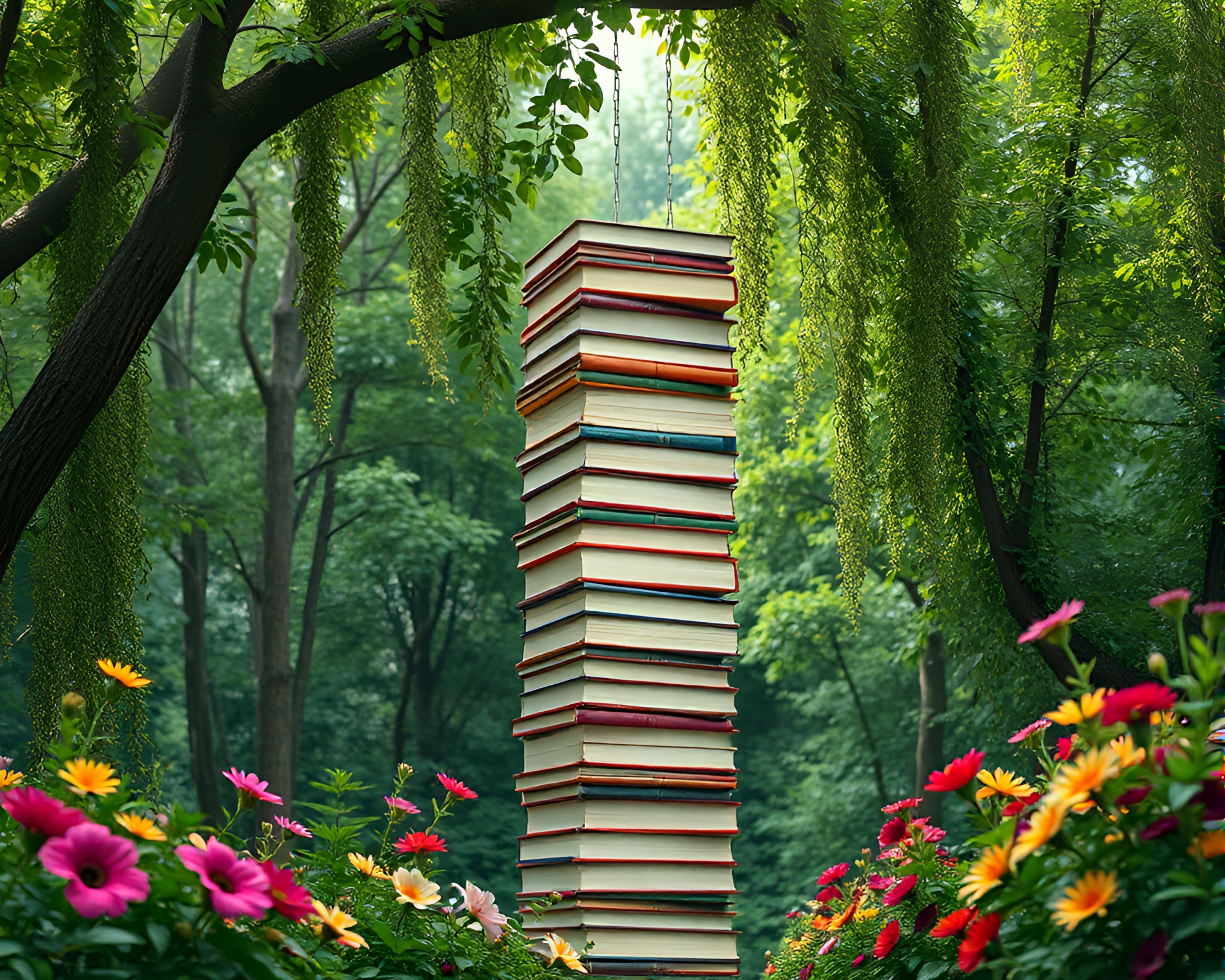 Tower of Suspended Books in Botanical Illustration – free AI stock image