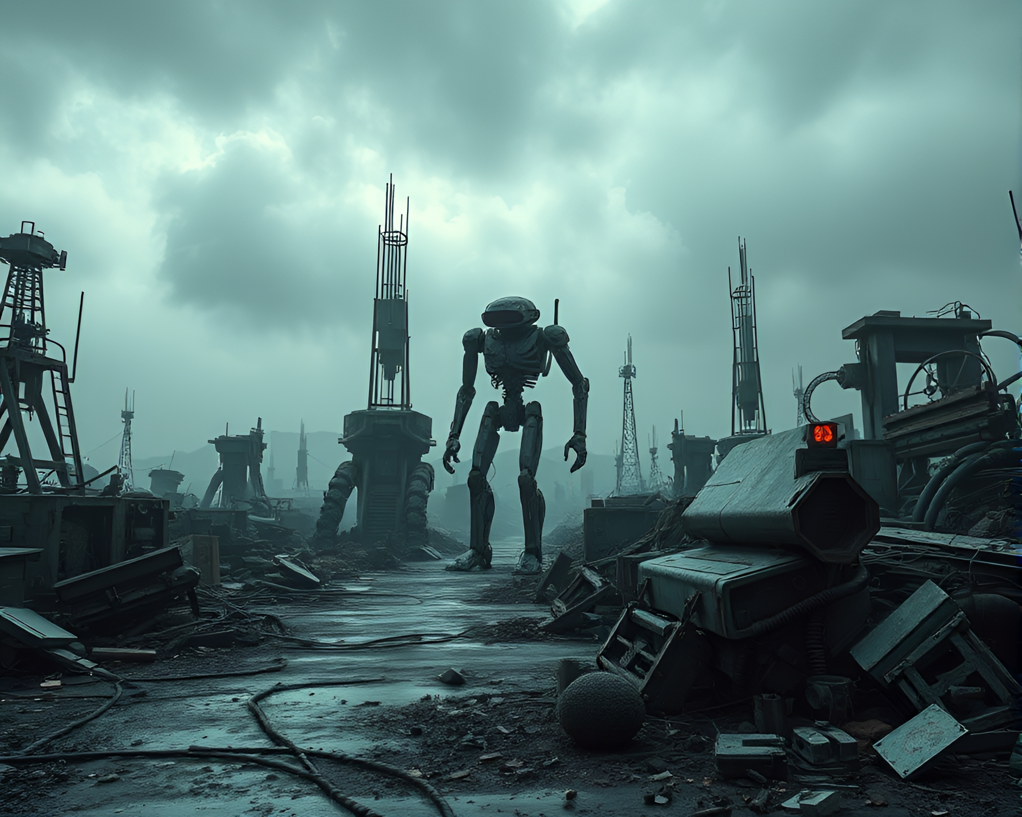 Eerie Remnants of a Ruined Robotic Junkyard – free AI stock image