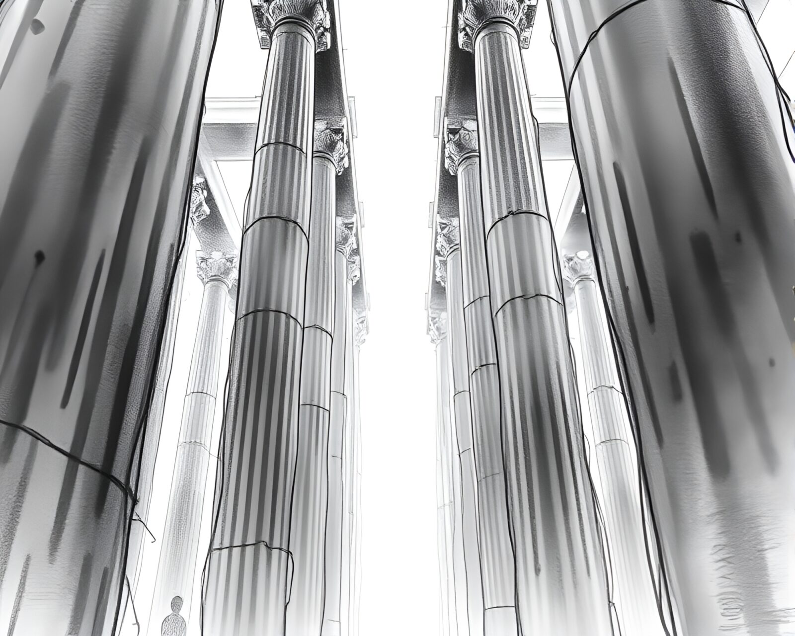 Suspended monolithic pillars in ethereal charcoal sketch artwork