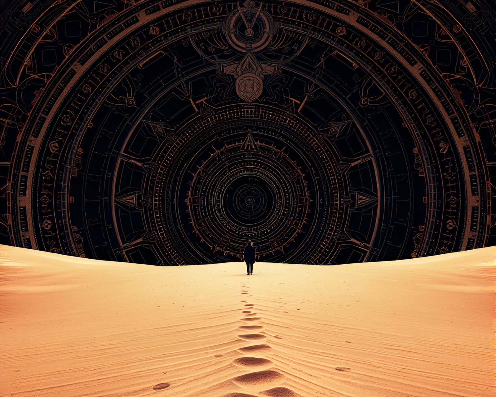 Lone figure surrounded by futuristic graphic designs in desert