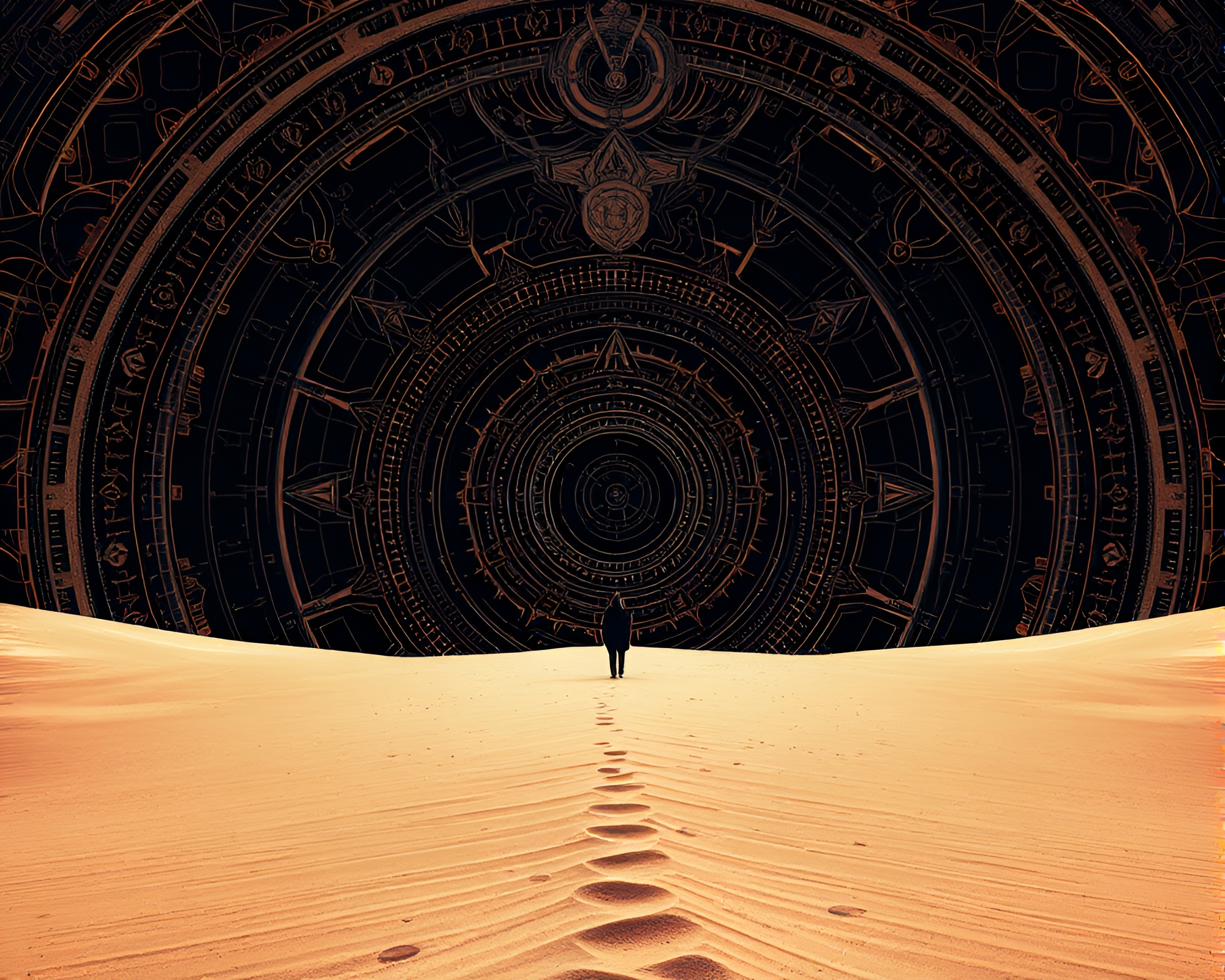 Futuristic Figure Contemplating in Metallic Sand Desert – free AI stock image