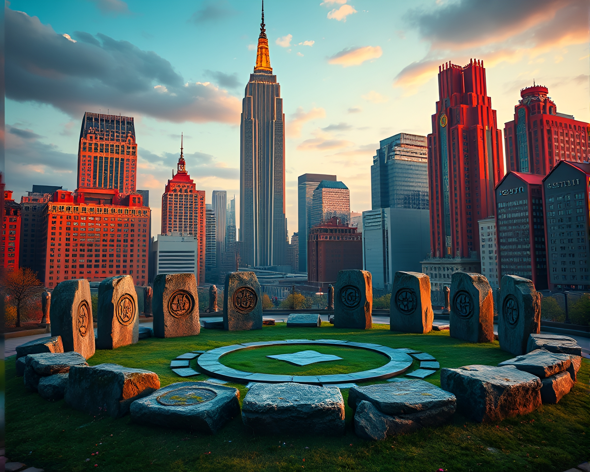 Druidic Stone Circle Amidst Art Deco Cityscape – free AI stock image