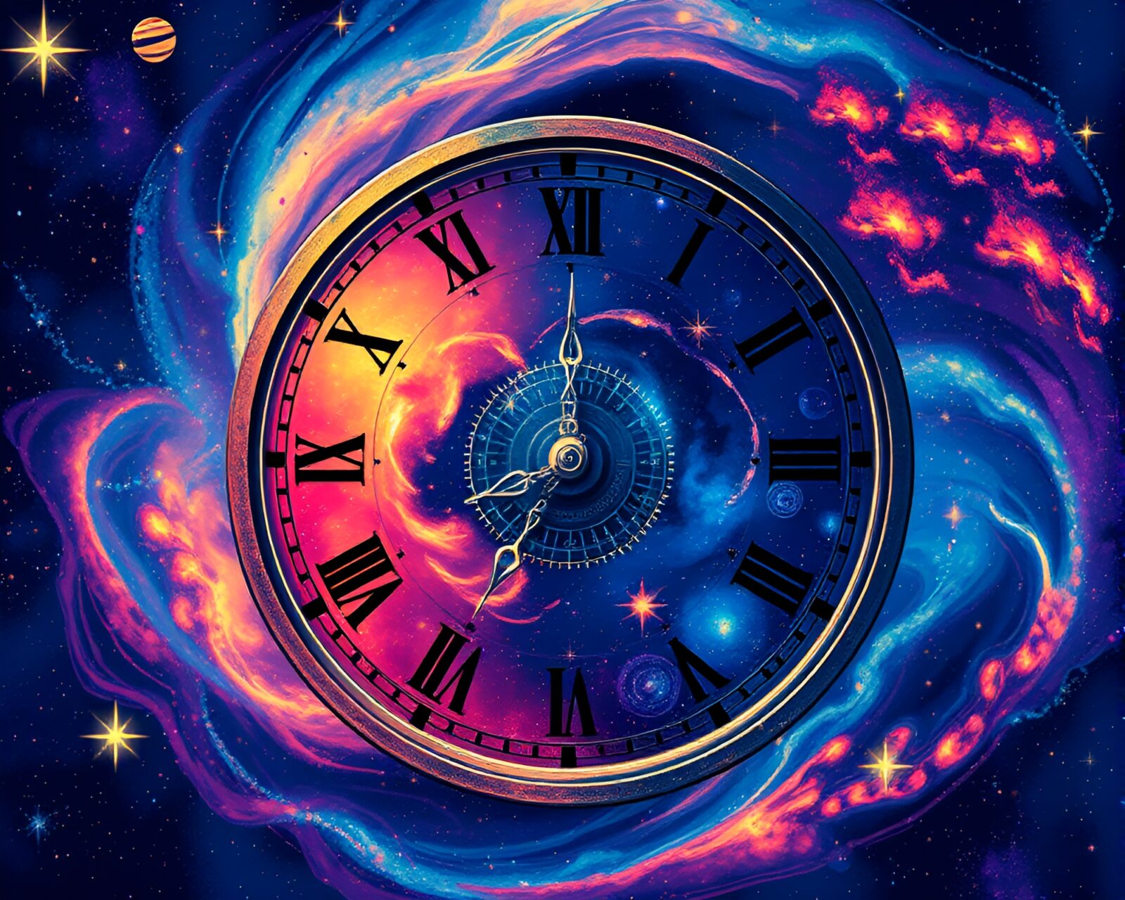 Vibrant cosmic clock face pixel art against galaxy backdrop