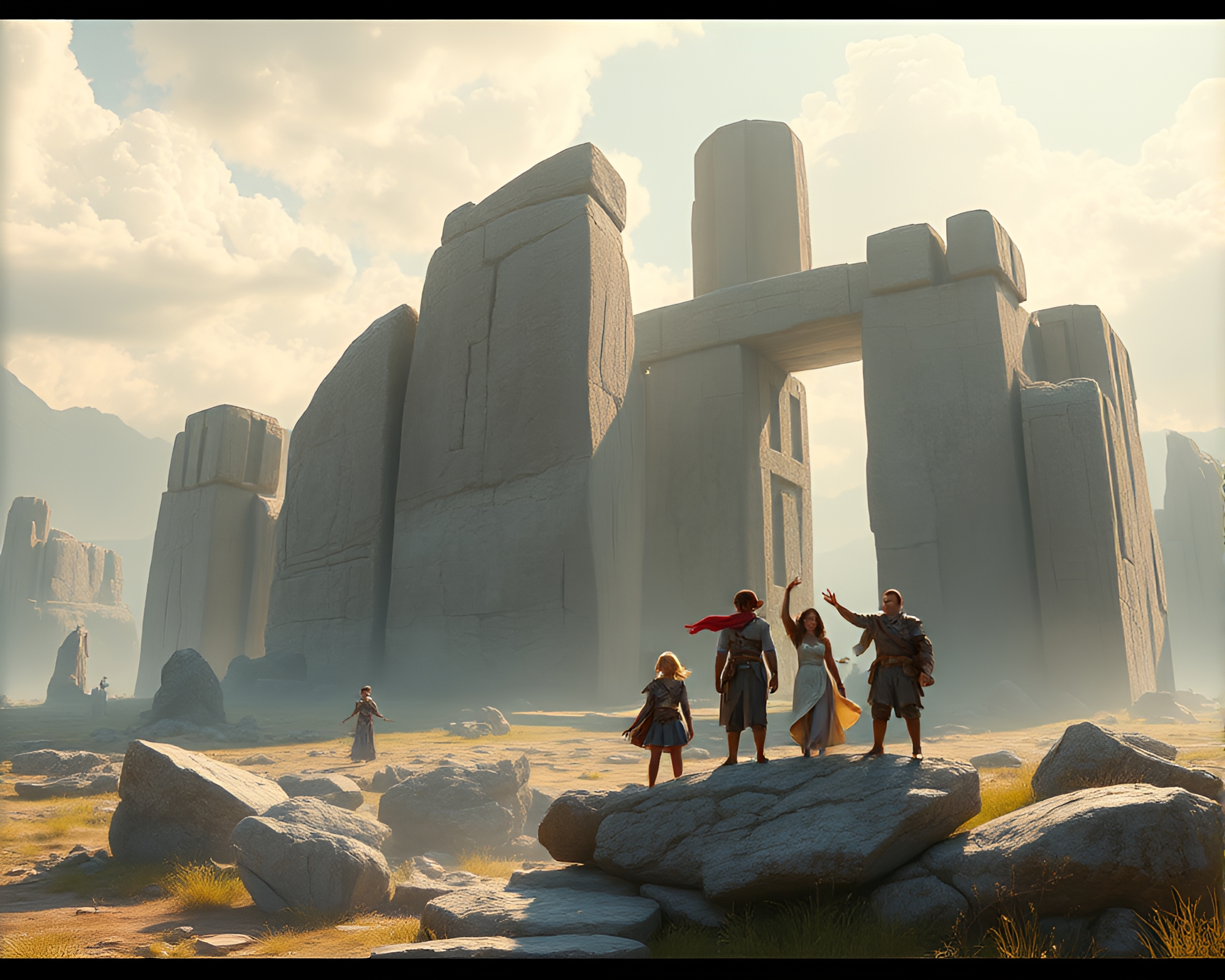 Joyful Characters Surround Ancient Monolithic Ruins in CGI Art – free AI stock image