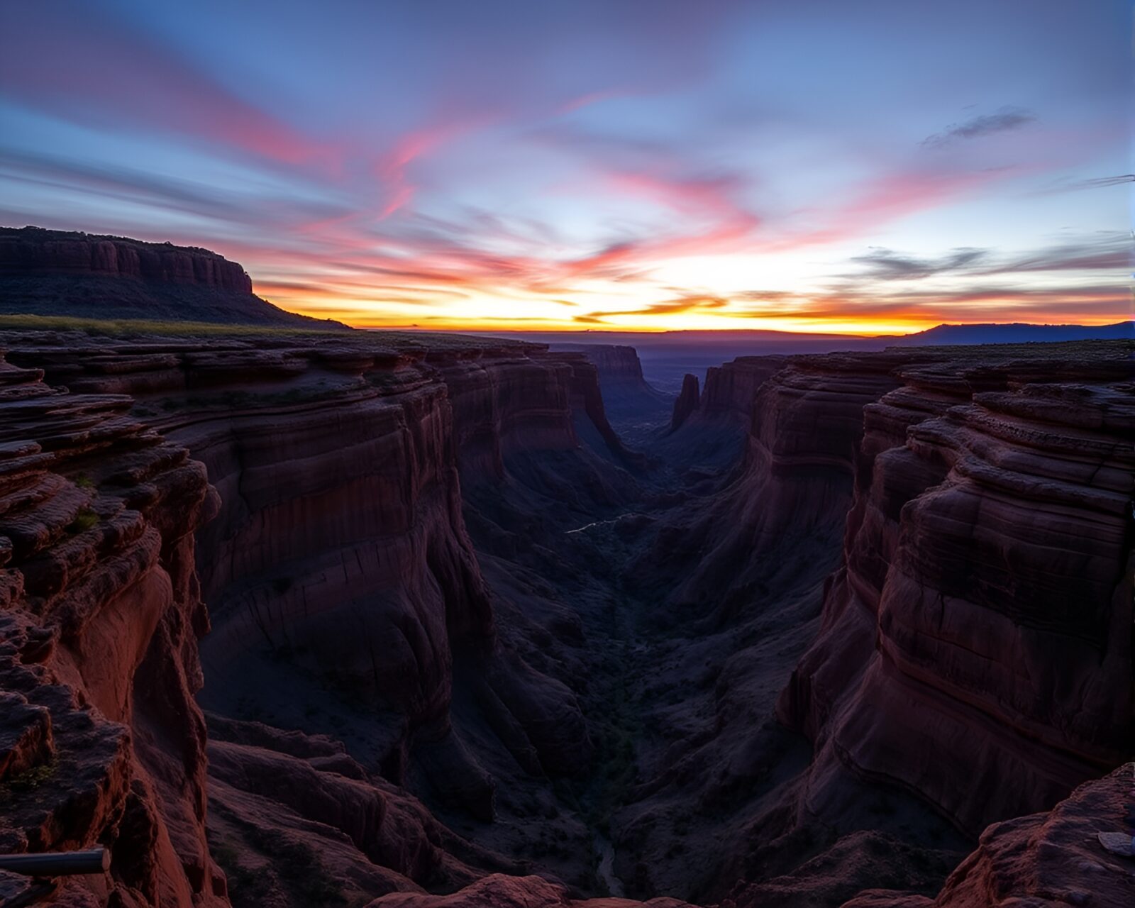 Vibrant sunset light on intricate obsidian canyon landscape at dusk