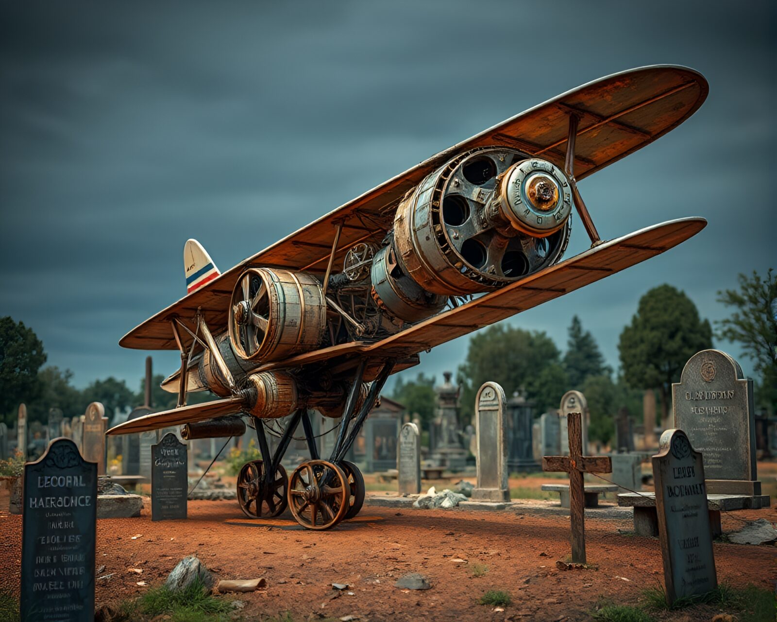 Artistic display of repurposed machinery in a graveyard setting