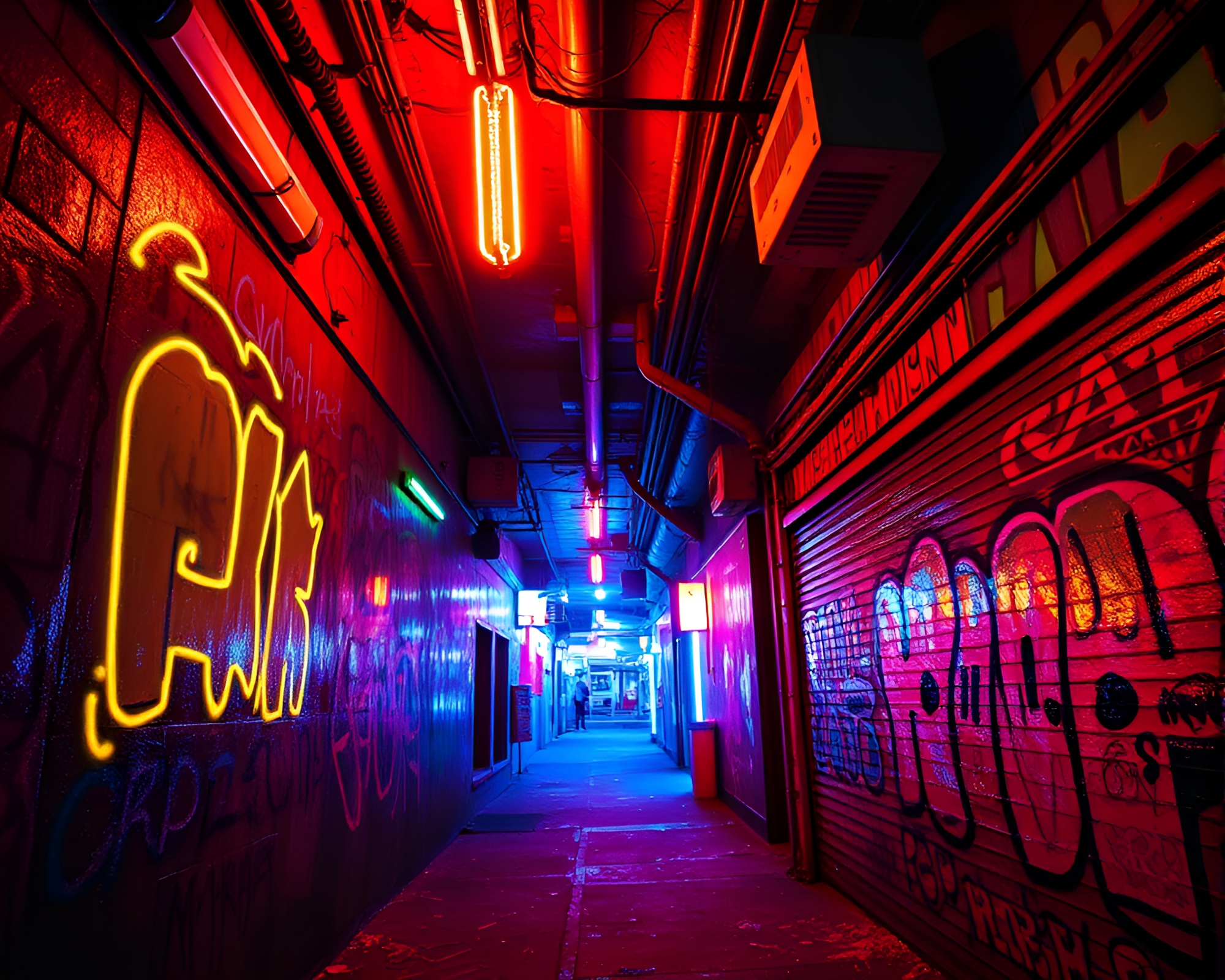 Vibrant Neon Alleyway in Subterranean Setting – free AI stock image