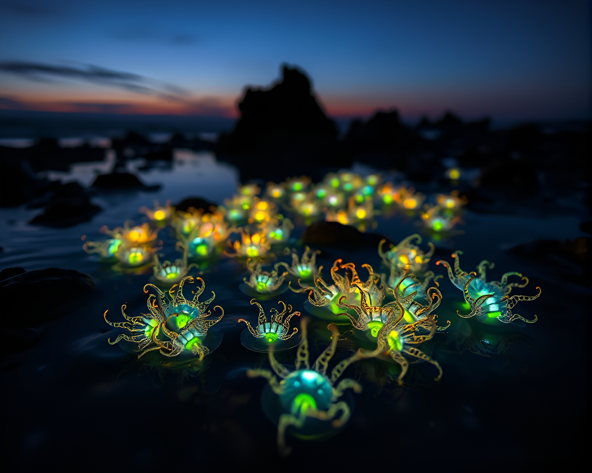 Mesmerizing Bioluminescent Creatures Illuminate Tide Pool at Dusk – free AI stock image