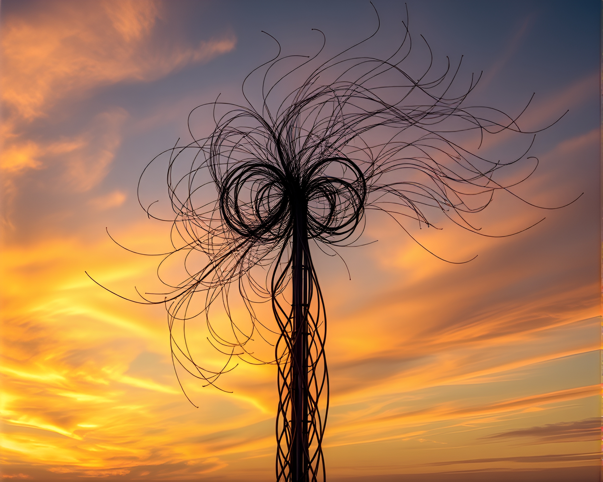 Mesmerizing Kinetic Metal Sculpture Against Vibrant Sunset Sky – free AI stock image
