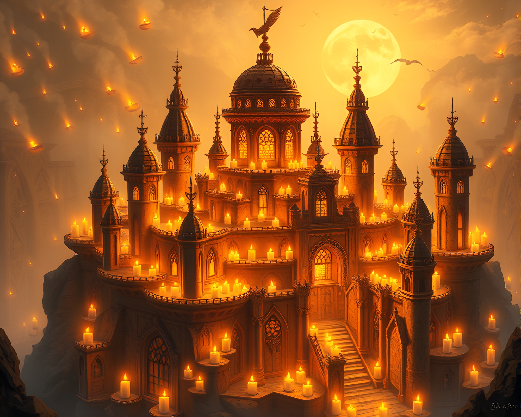Enchanting Kinetic Gouache Illustration of Floating Candle Citadel – free AI stock image