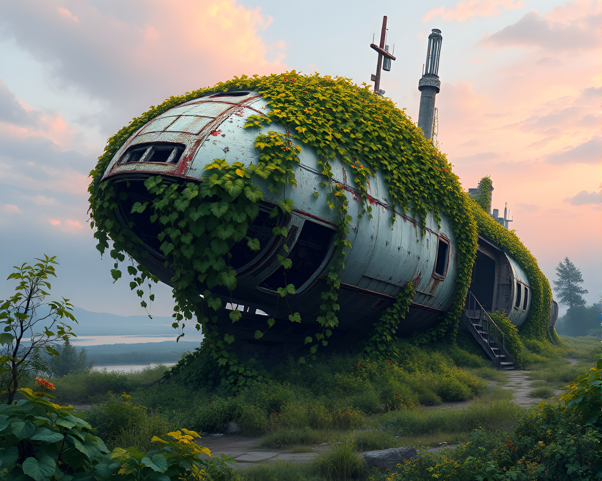 Abandoned Spaceship Overgrown with Vibrant Ivy Vector Illustration – free AI stock image