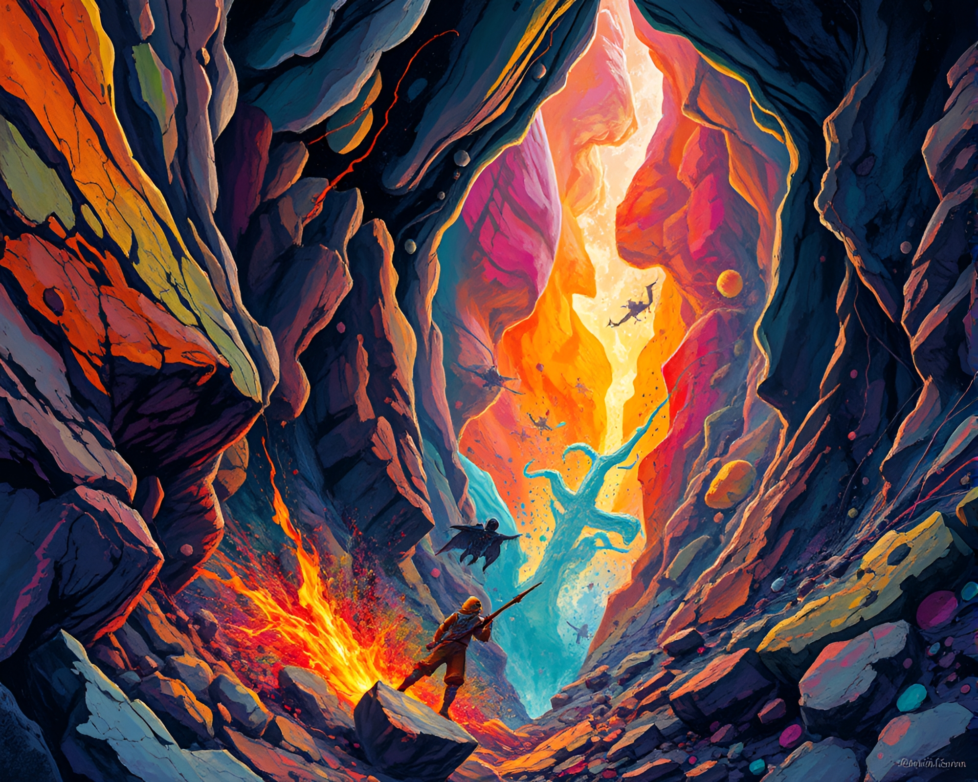 Vivid Gouache Illustration of Frenetic Scene in Obsidian Canyon – free AI stock image