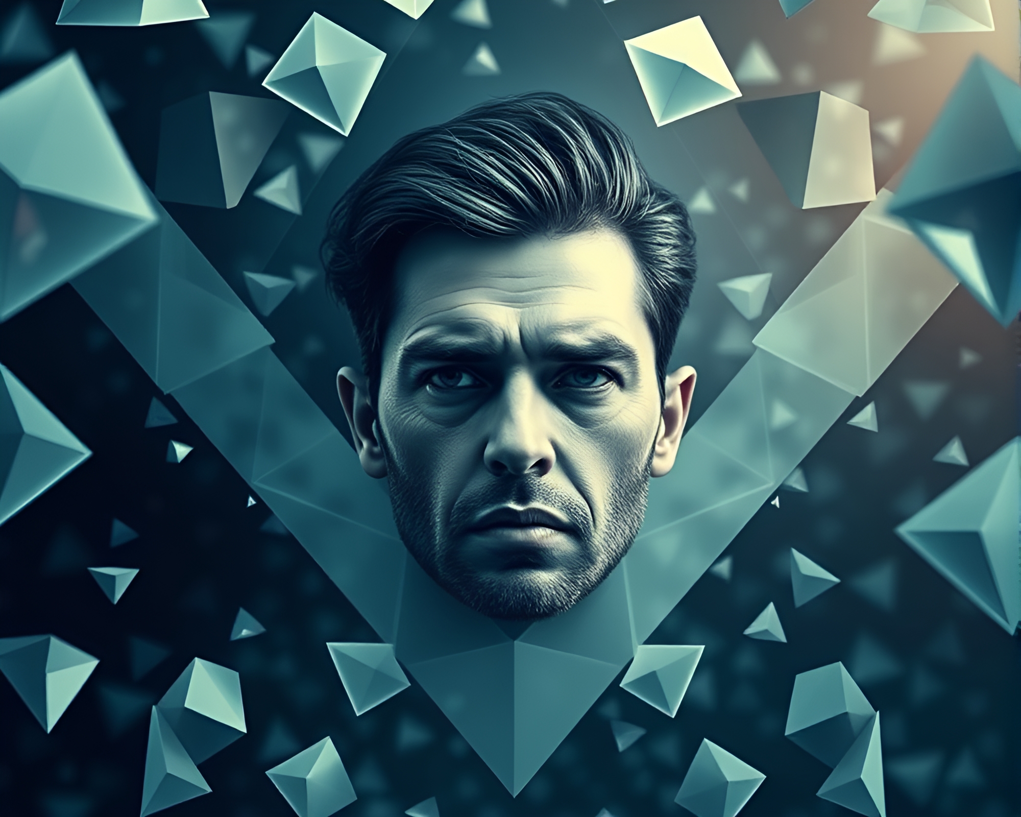 Intriguing Display of Floating Geometric Shapes in Portrait Surrounding – free AI stock image