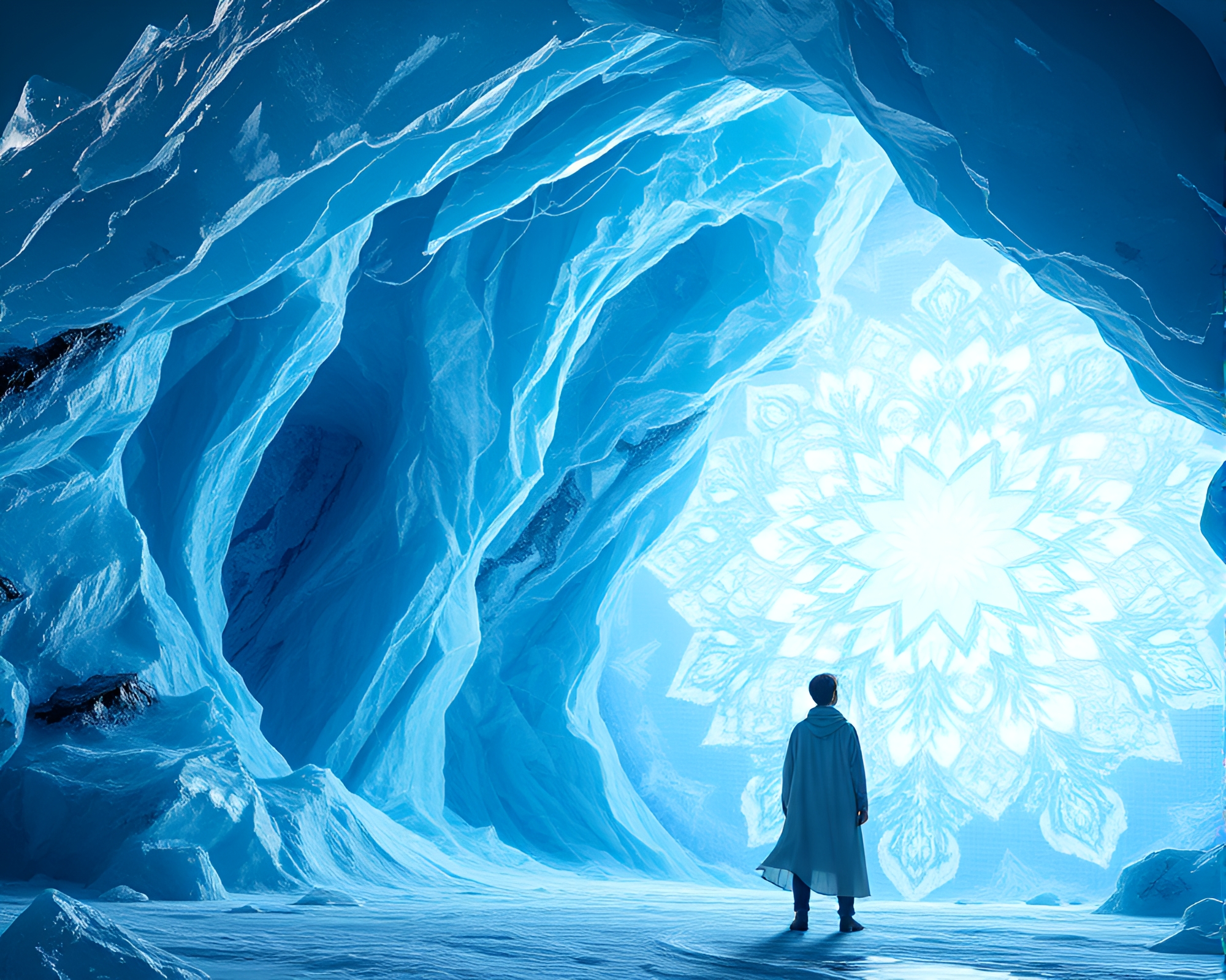 Wistful Figure in Iridescent Ice Prism Cavern – free AI stock image