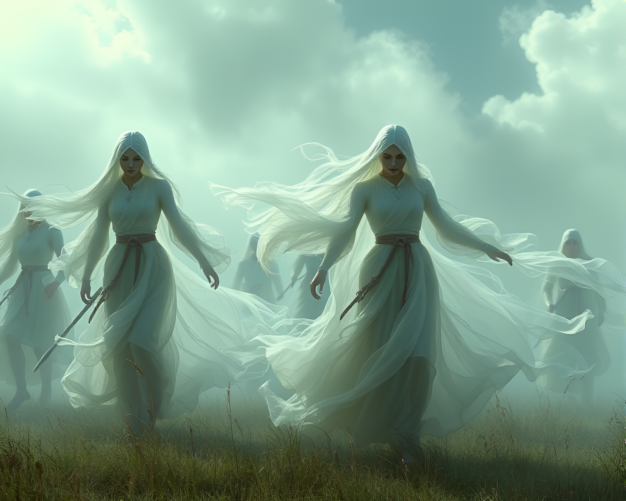 Ethereal Fashion Warriors Battle in Spectral Battlefield – free AI stock image