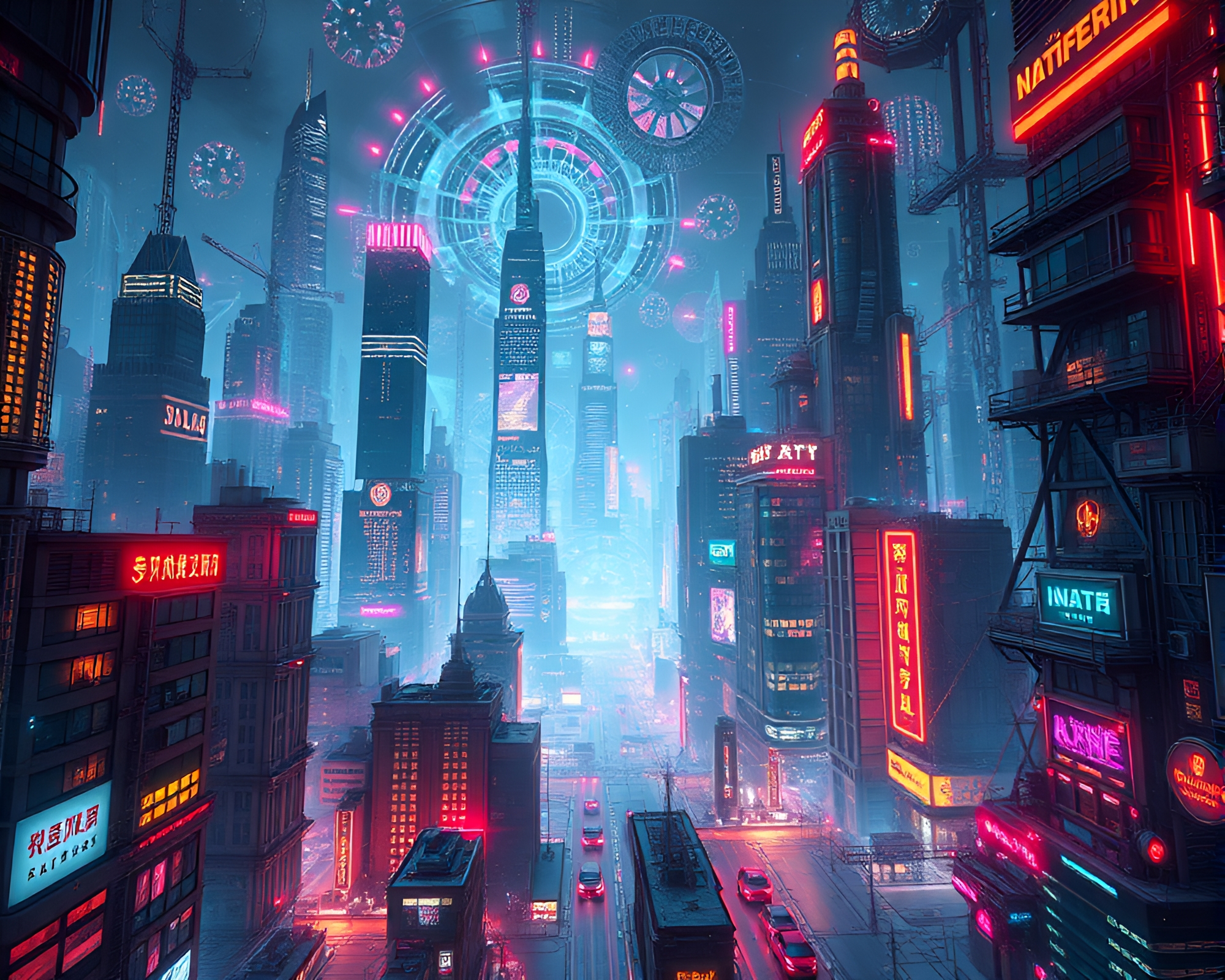 Futuristic Neon Cityscape with Intricate Fractal Patterns – free AI stock image