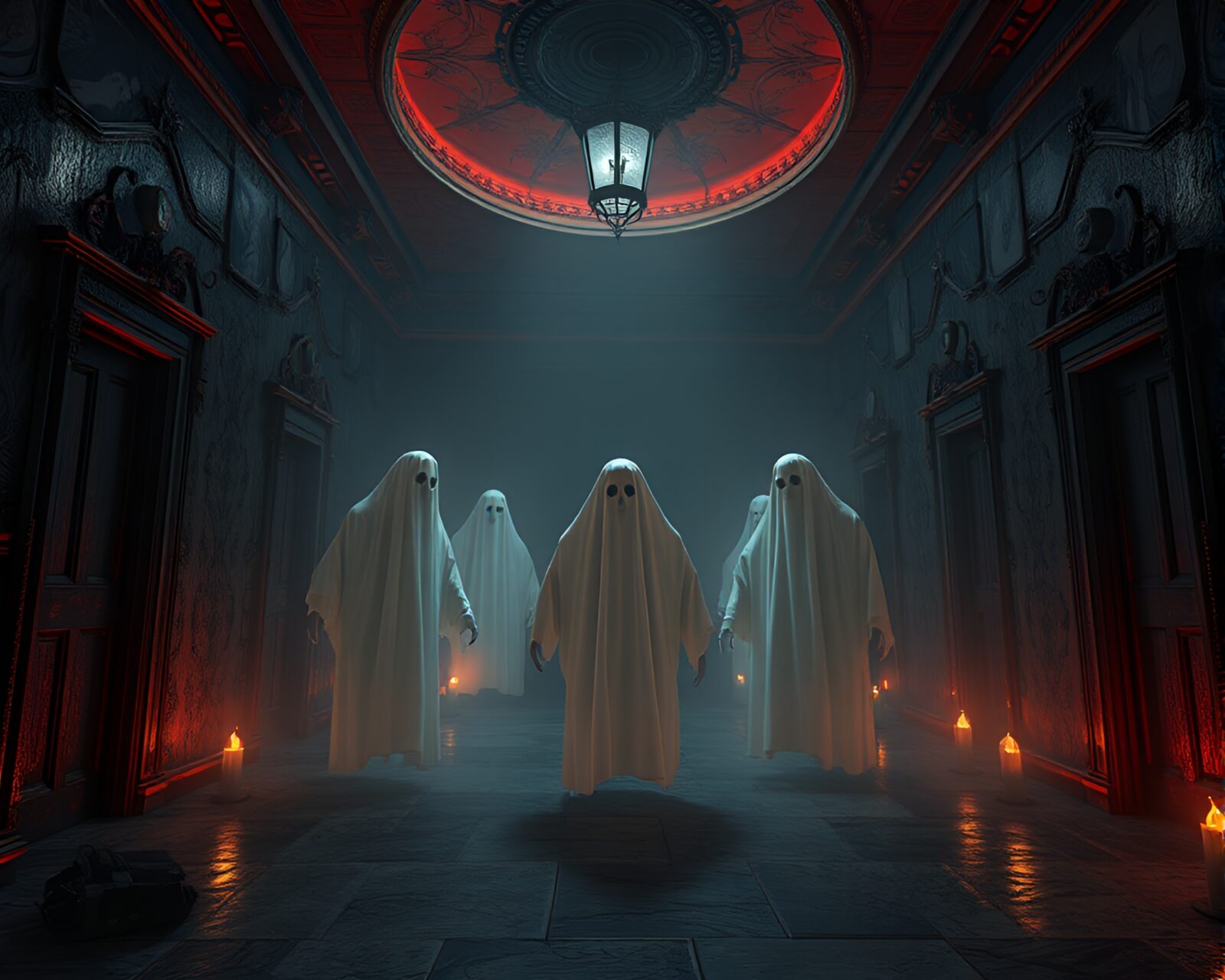 Ethereal ghostly figures in a shadowy memory palace