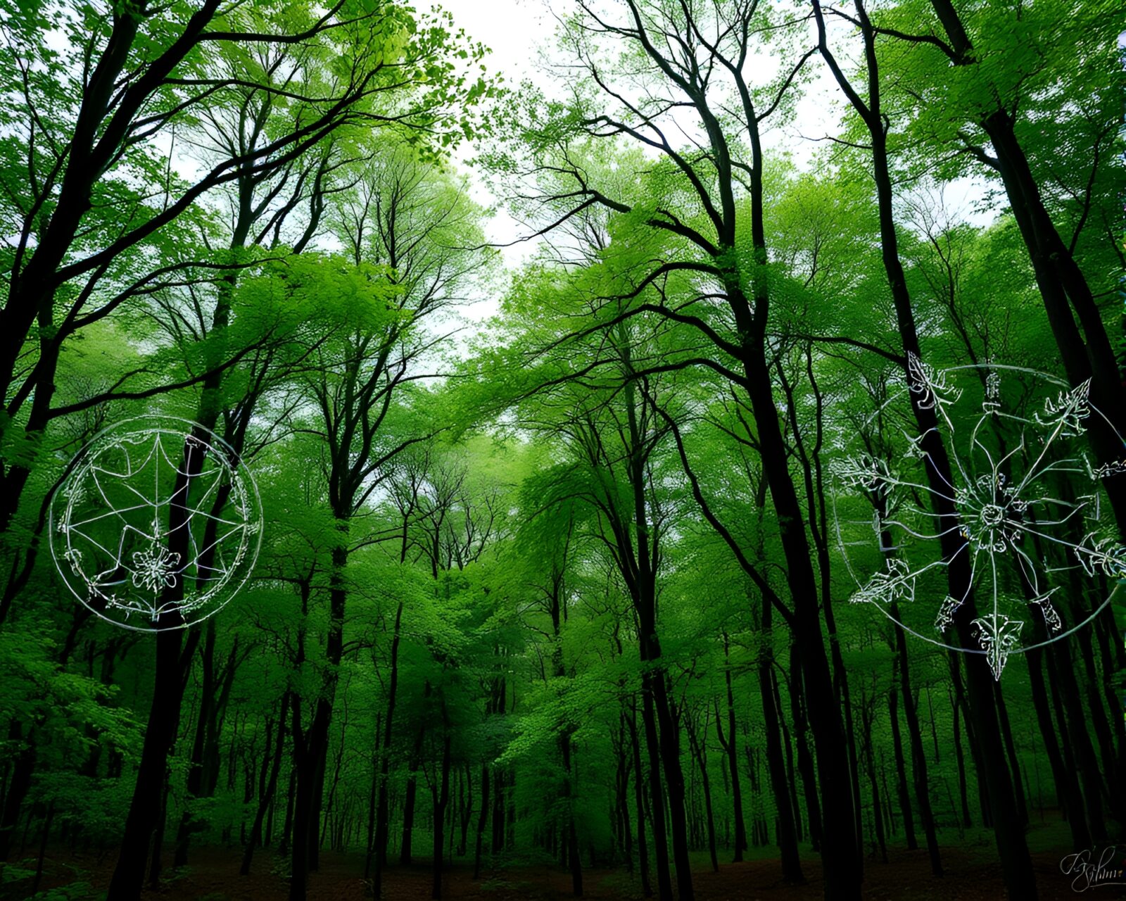 Serene emerald canopy glade with intricate tree embroidery designs