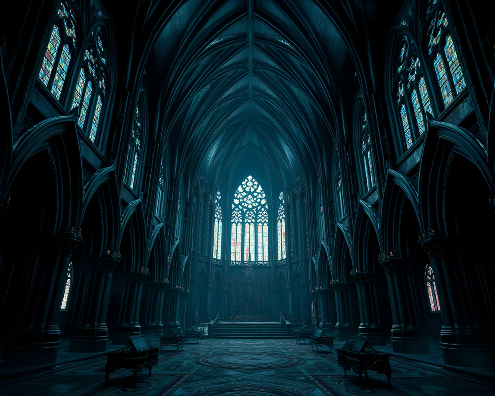 Dark and surreally redesigned cathedral interior with apocalyptic atmosphere