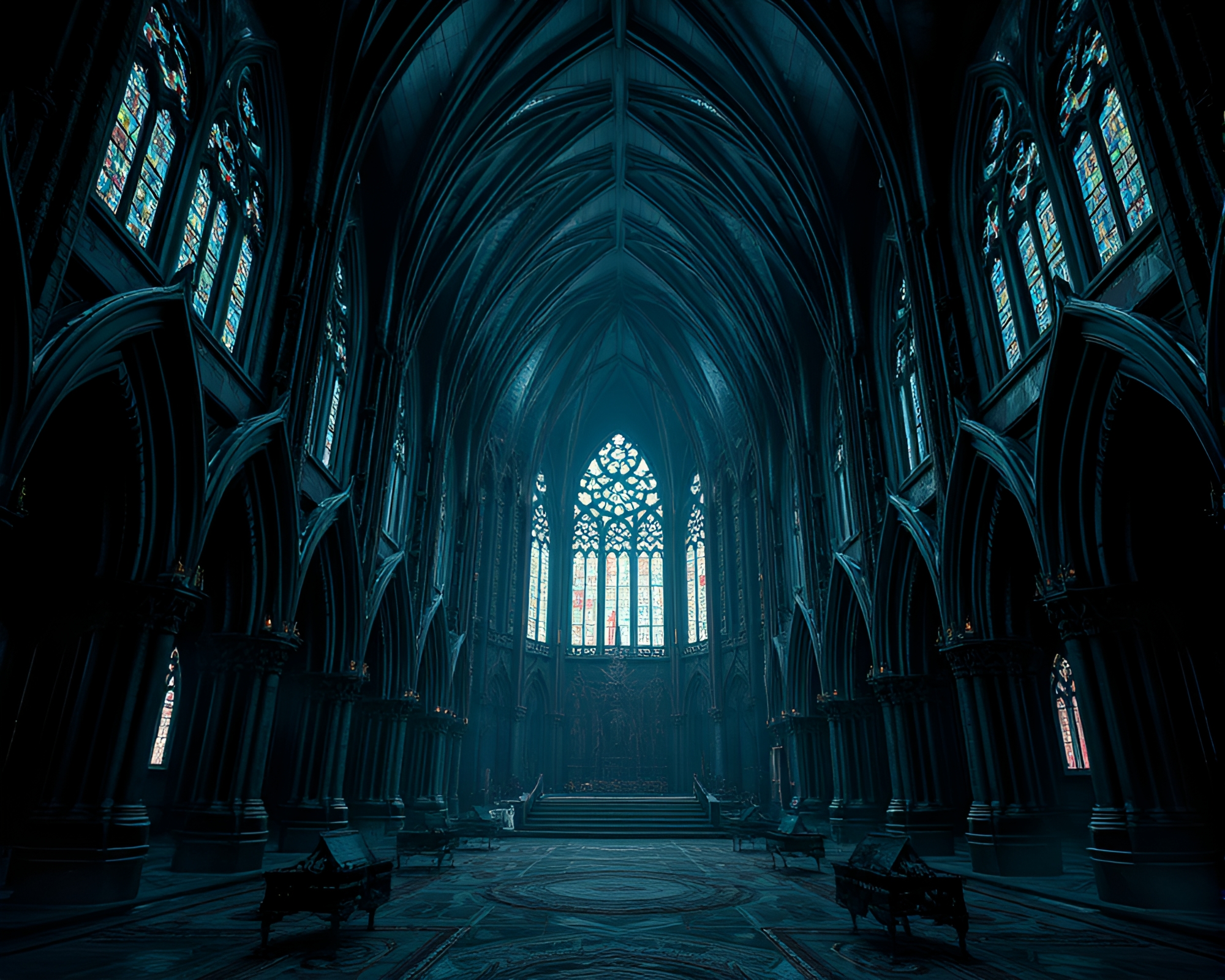 Apocalyptic Gothic Cathedral Interior Transformed into Video Game Concept – free AI stock image