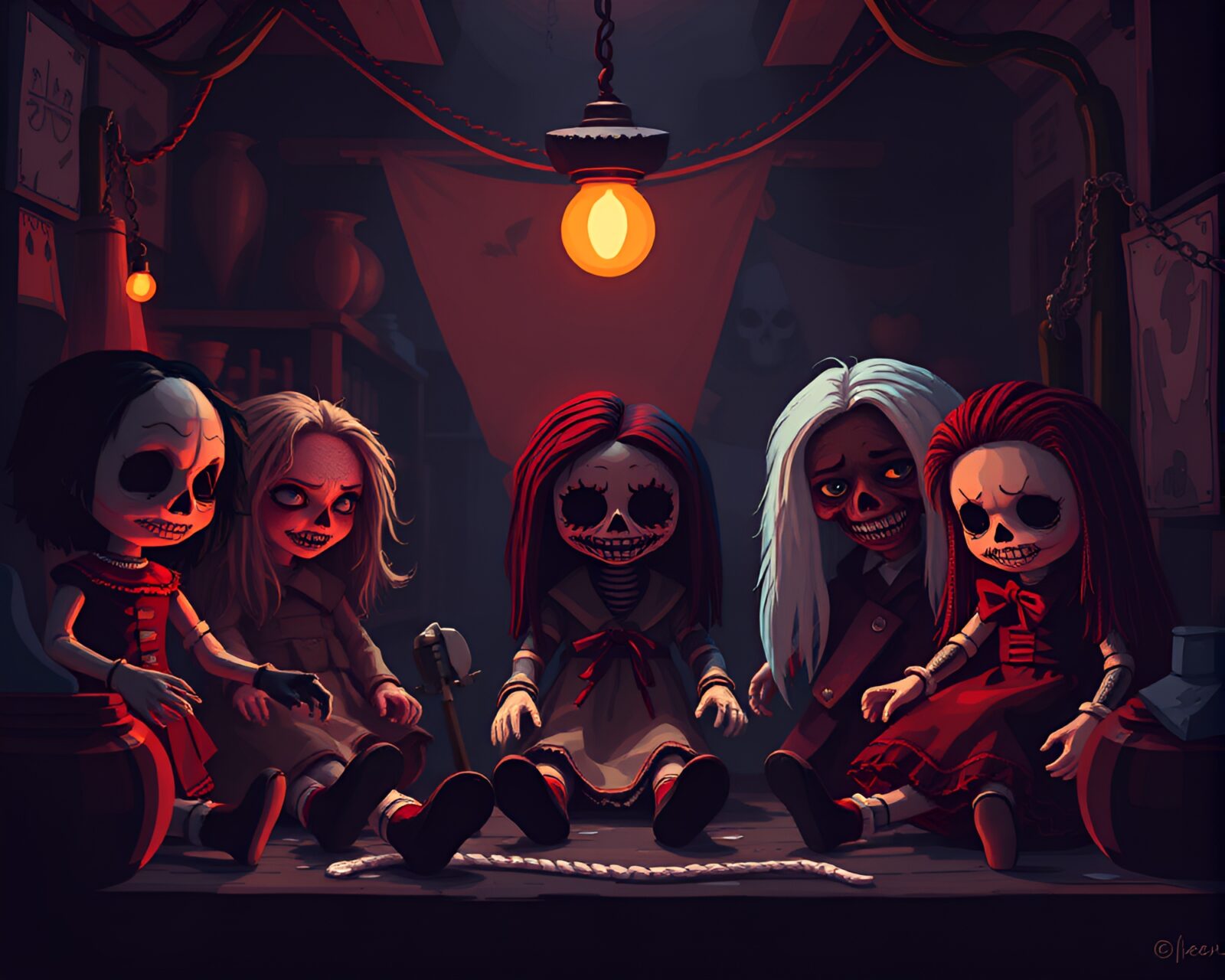 Spooky pixel art dolls with macabre features in workshop
