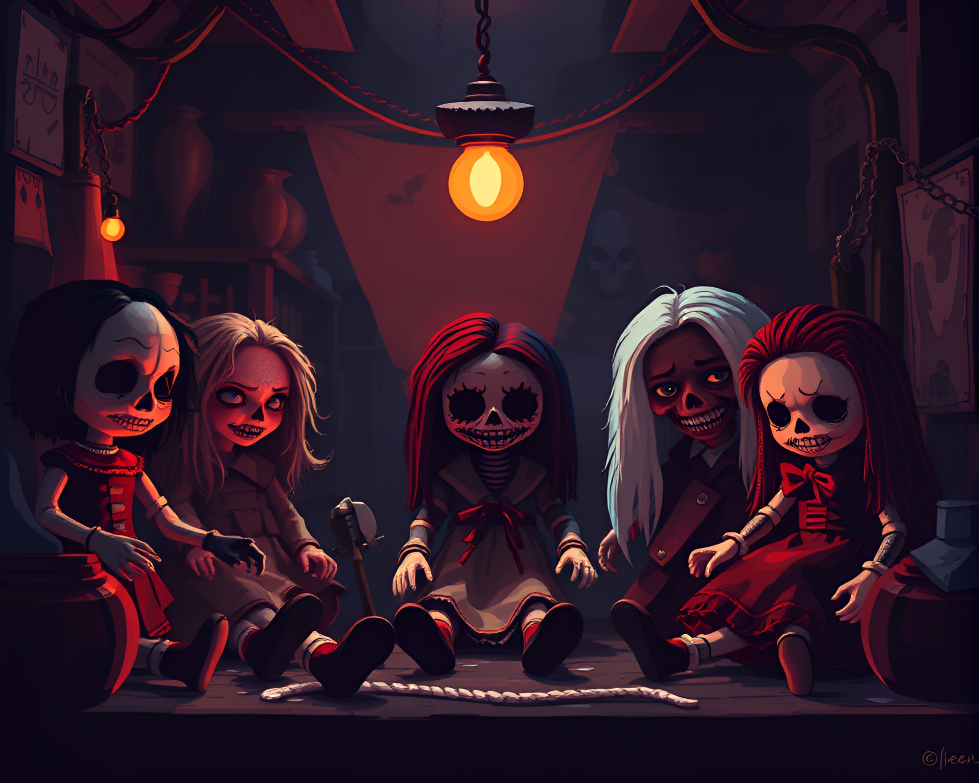 Creepy Pixel Art Dolls Come to Life in Workshop – free AI stock image