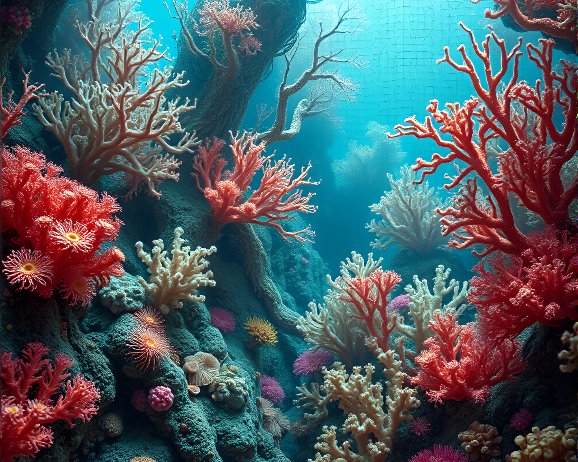 Surreal Coral Forest with Alien Flora and Embroidery Patterns – free AI stock image