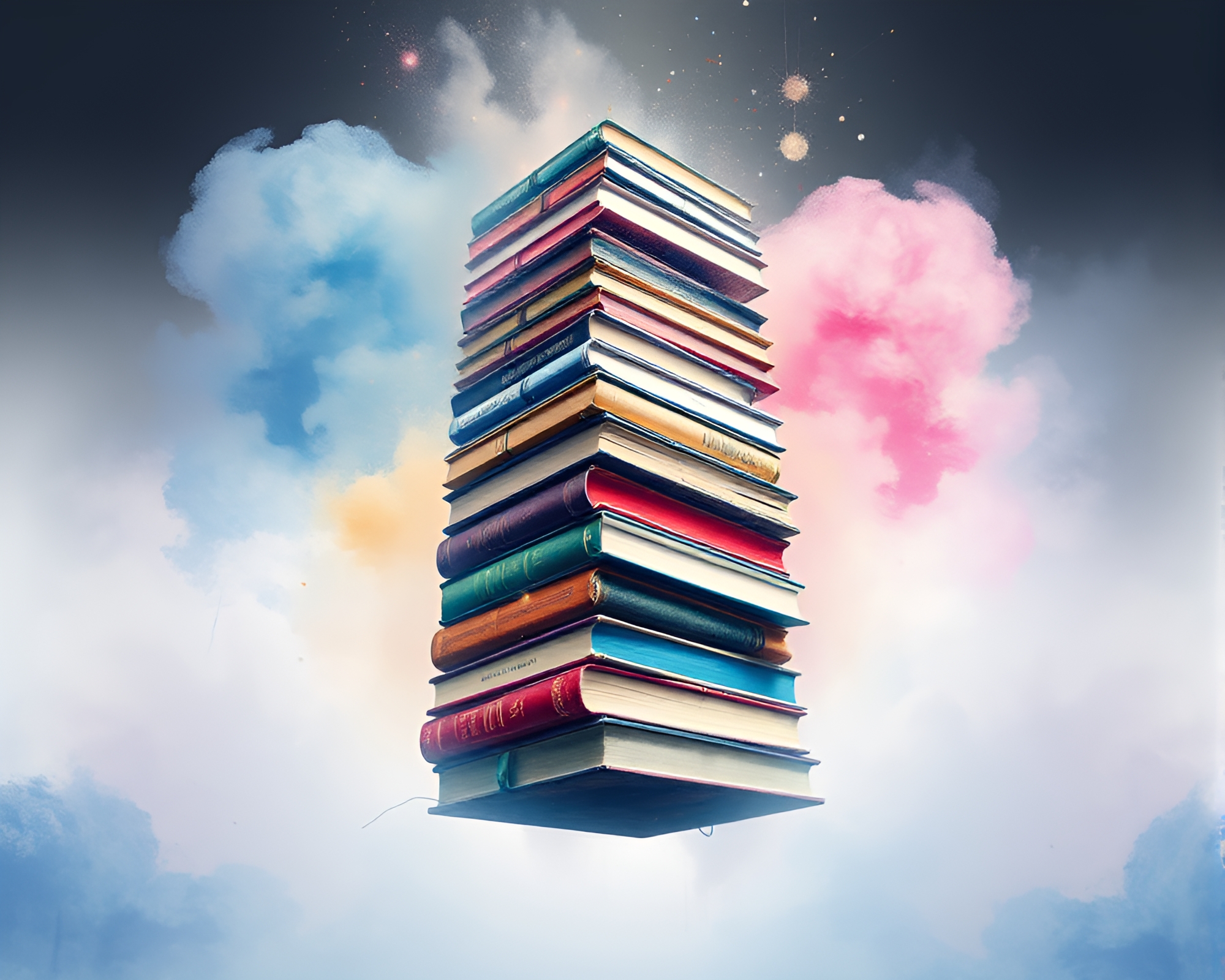 Book Tower Soaring Amid Watercolor Dreamland – free AI stock image