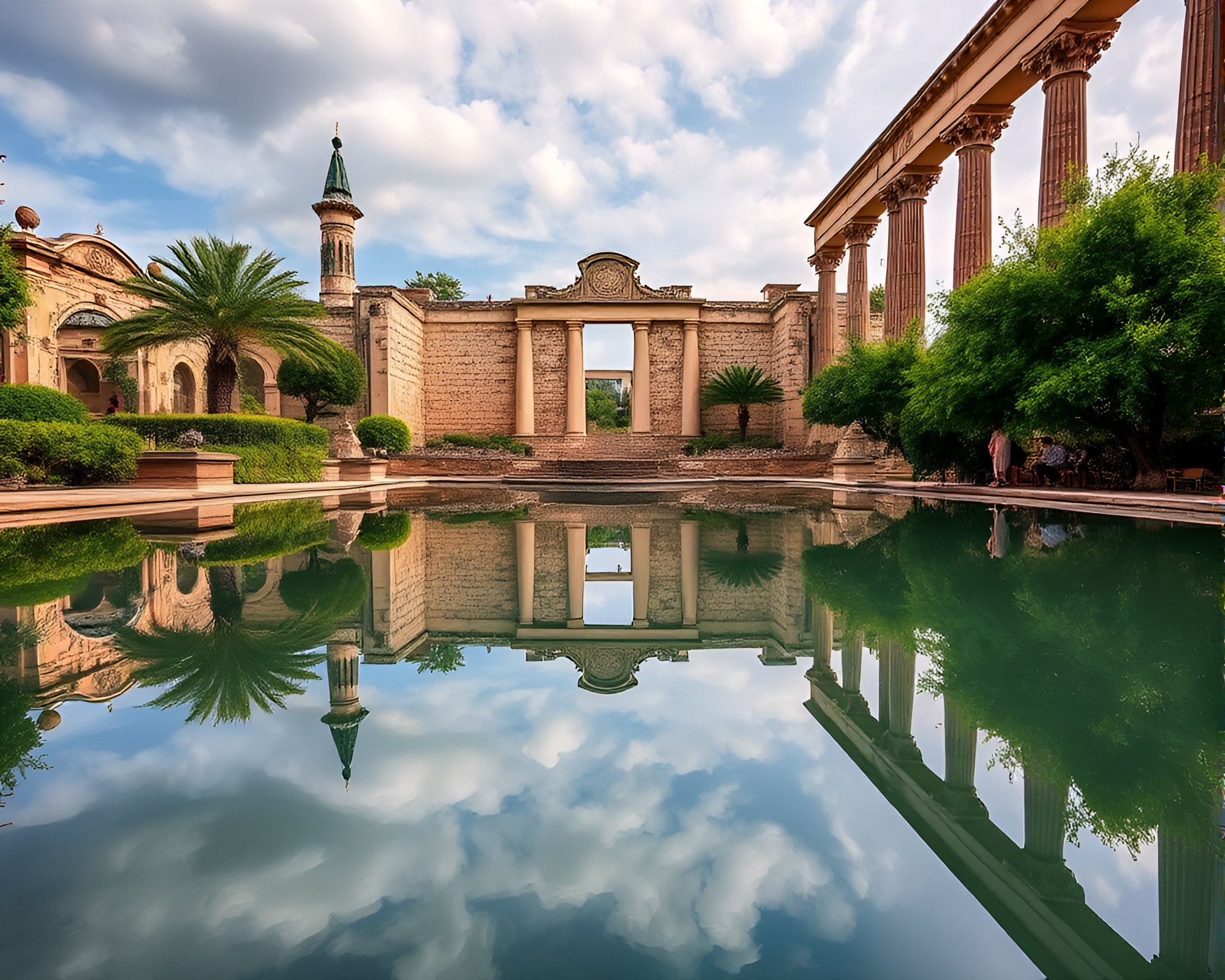 Ancient ruins surround peaceful oasis reflecting in pool – free AI stock image