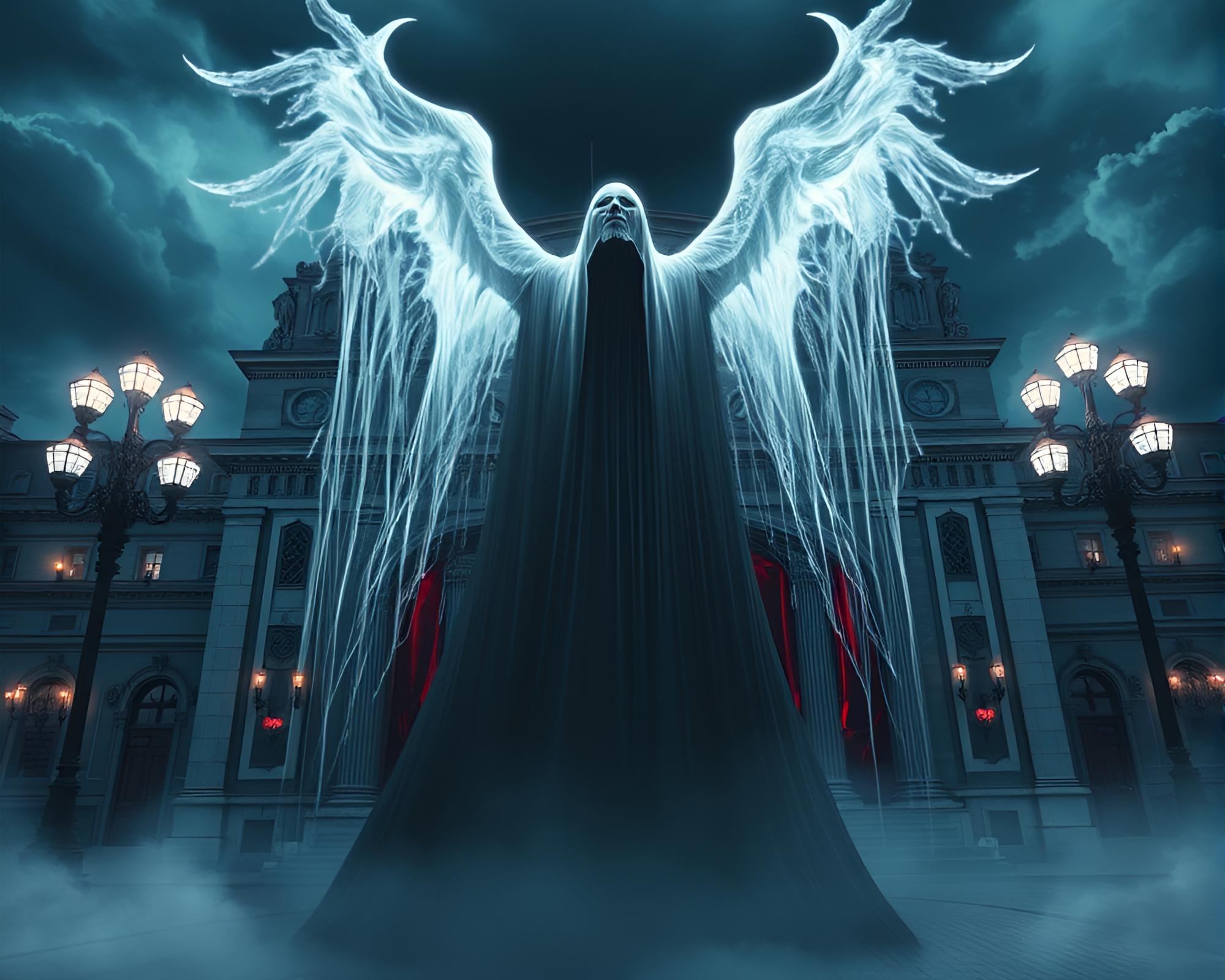 Majestic Phantom Haunts Grand Opera House Exterior – free AI stock image