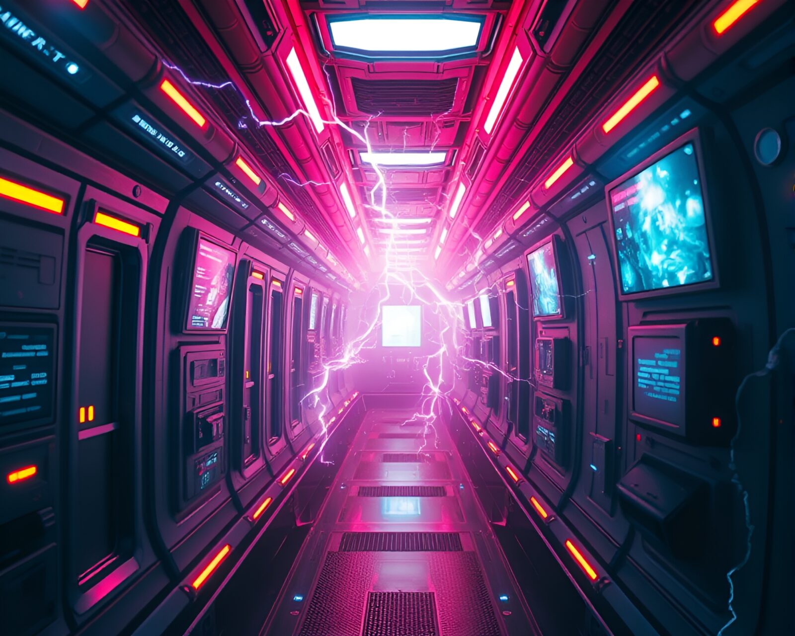 Futuristic sci-fi spaceship corridor with neon lights in electric storm