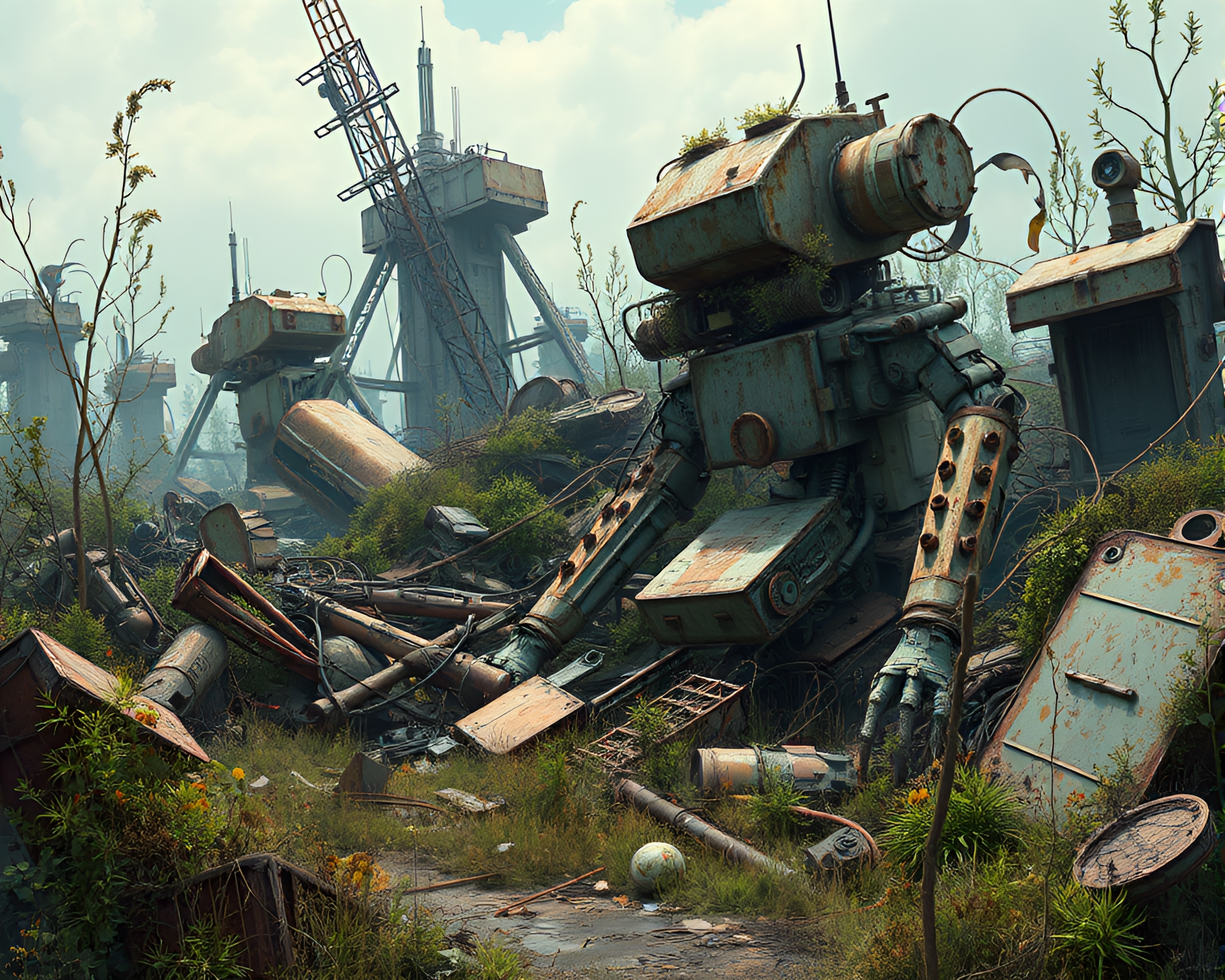 Serene Post-Apocalyptic Robotic Junkyard with Graphic Design Elements – free AI stock image
