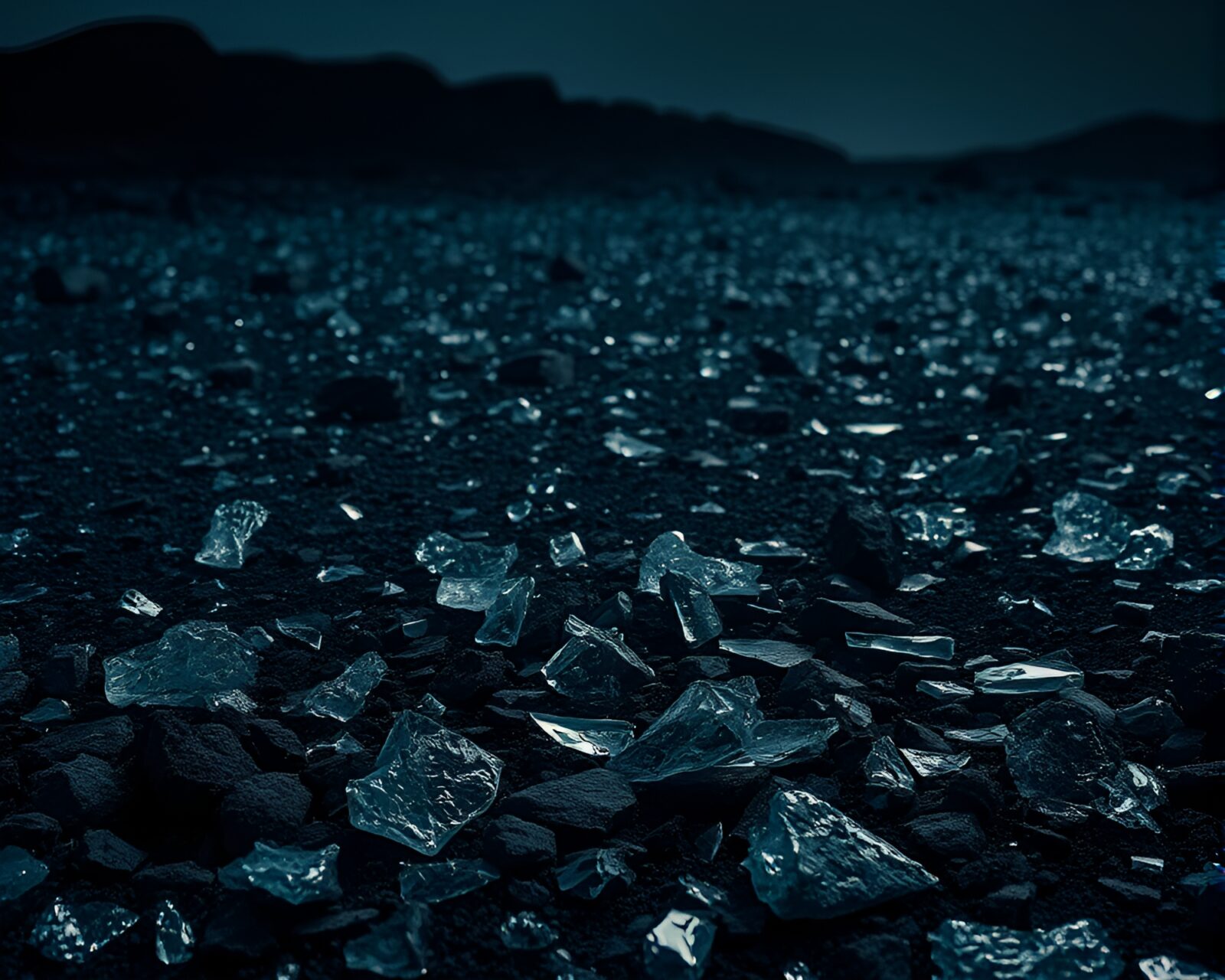 A dark and reflective image of a barren volcanic landscape