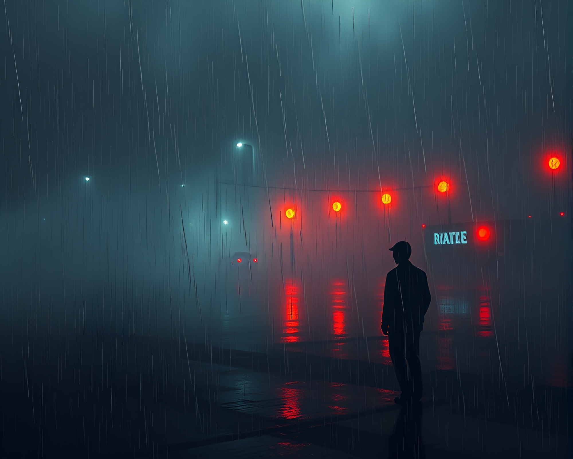 Solitude in Binary Rain: Acrylic Painting Masterpiece – free AI stock image