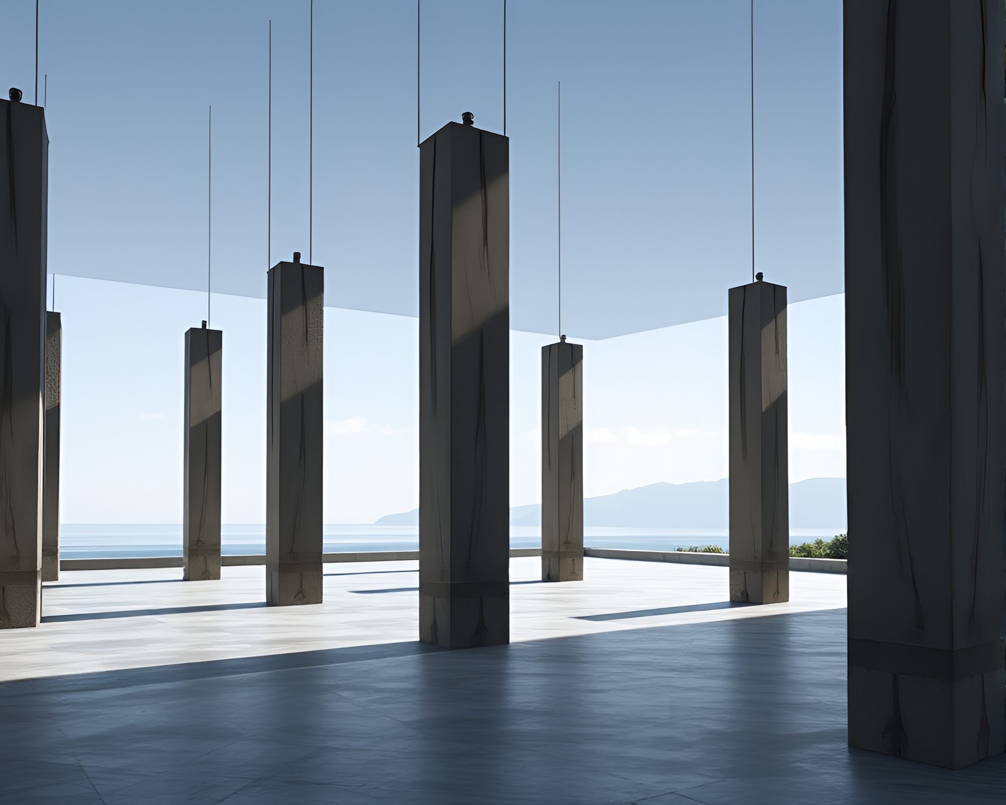 Suspended Monolithic Pillars: Tranquil Modern Art Installation – free AI stock image