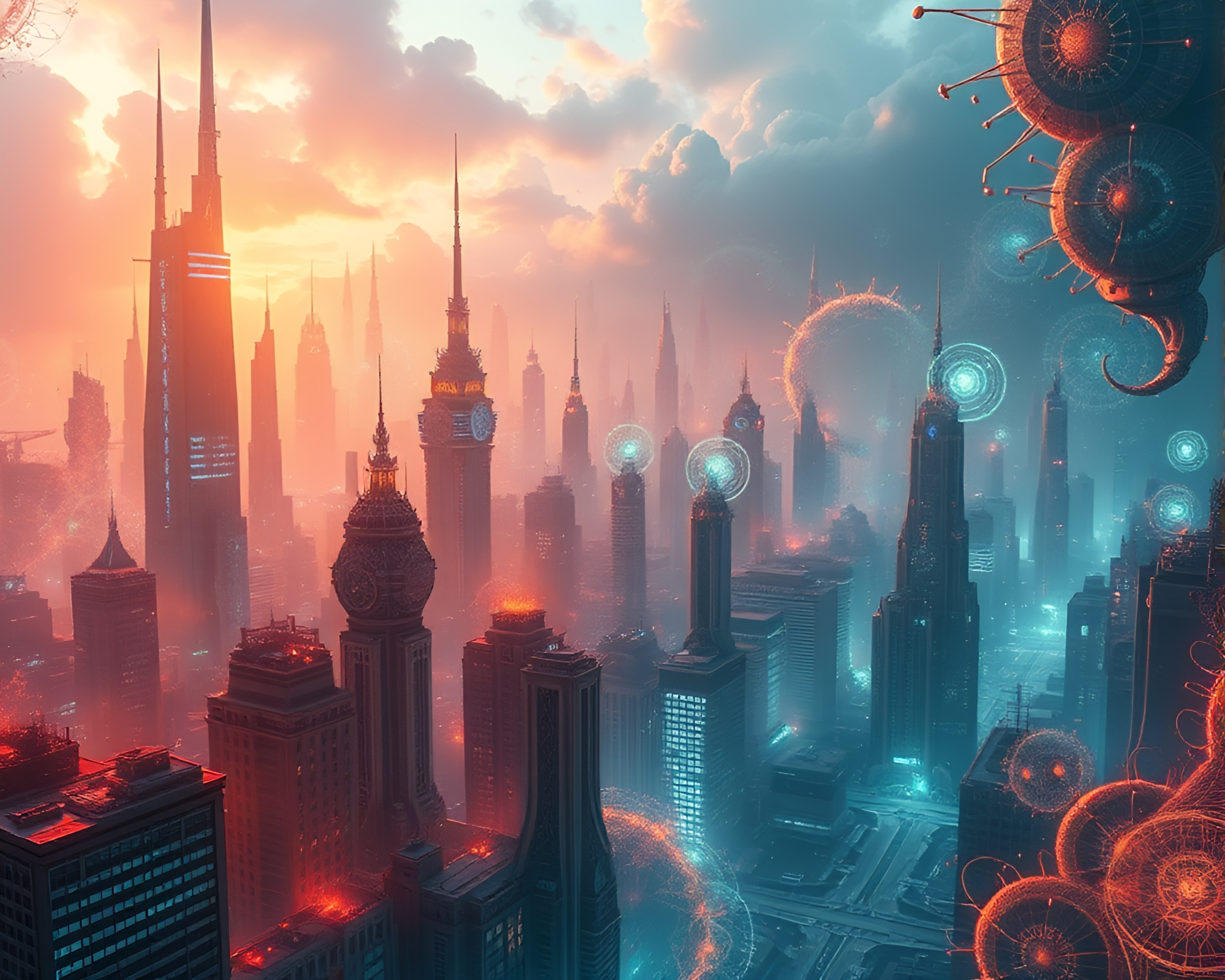 Futuristic Cityscape with Stunning Fractal Stained Glass Design – free AI stock image