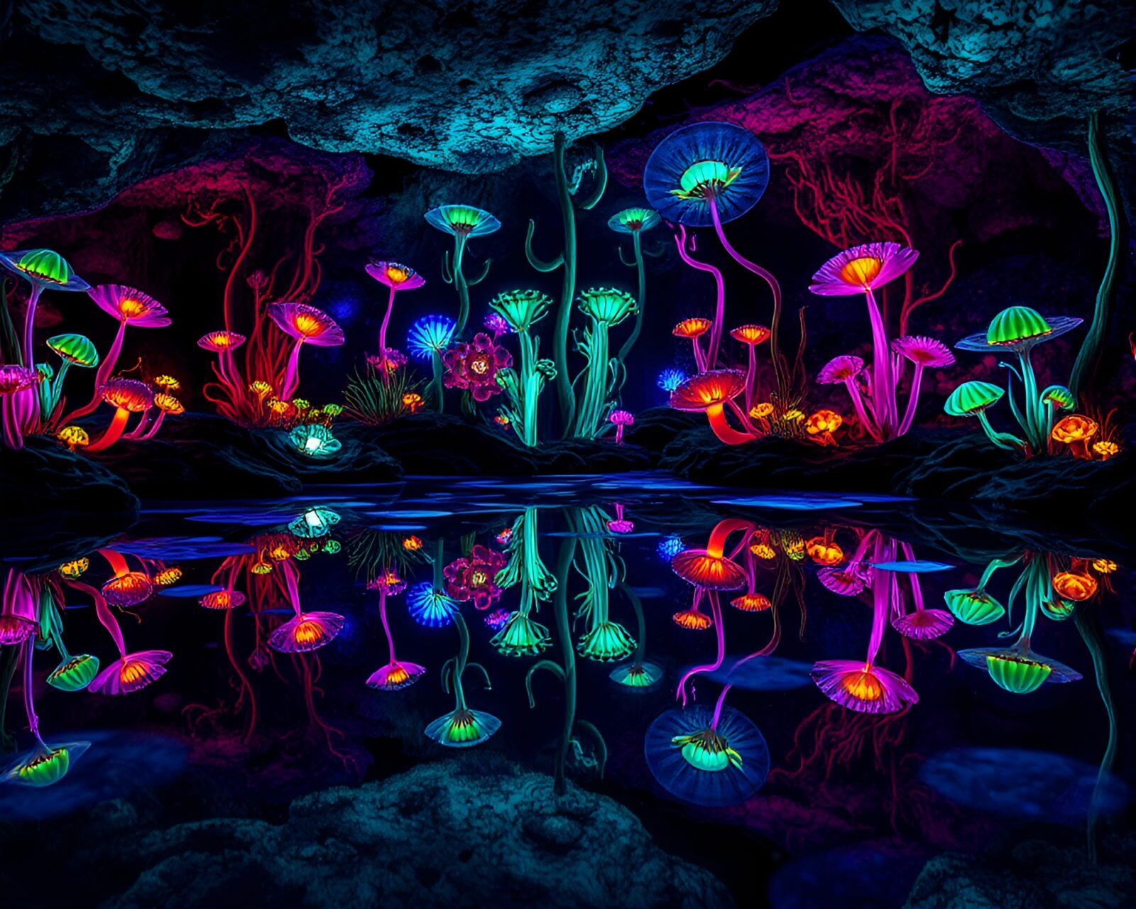 Mirror image of vibrant bioluminescent underground world and horizon.
